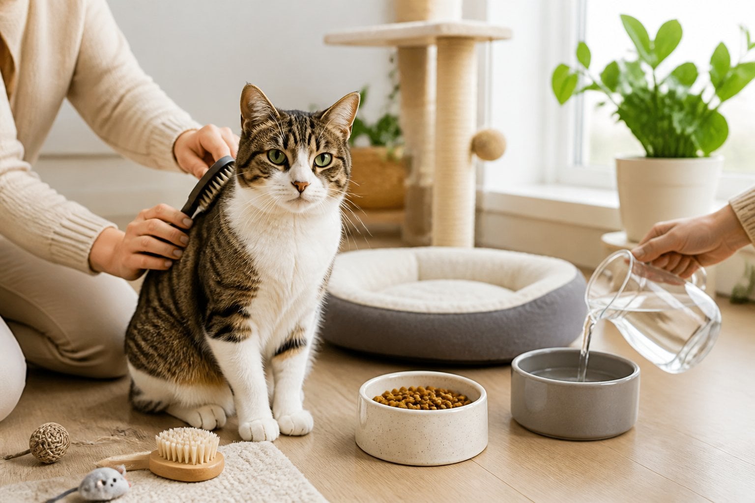 A well-cared-for cat sits beside its food, water, bed, scratching post, and grooming supplies in a clean home.