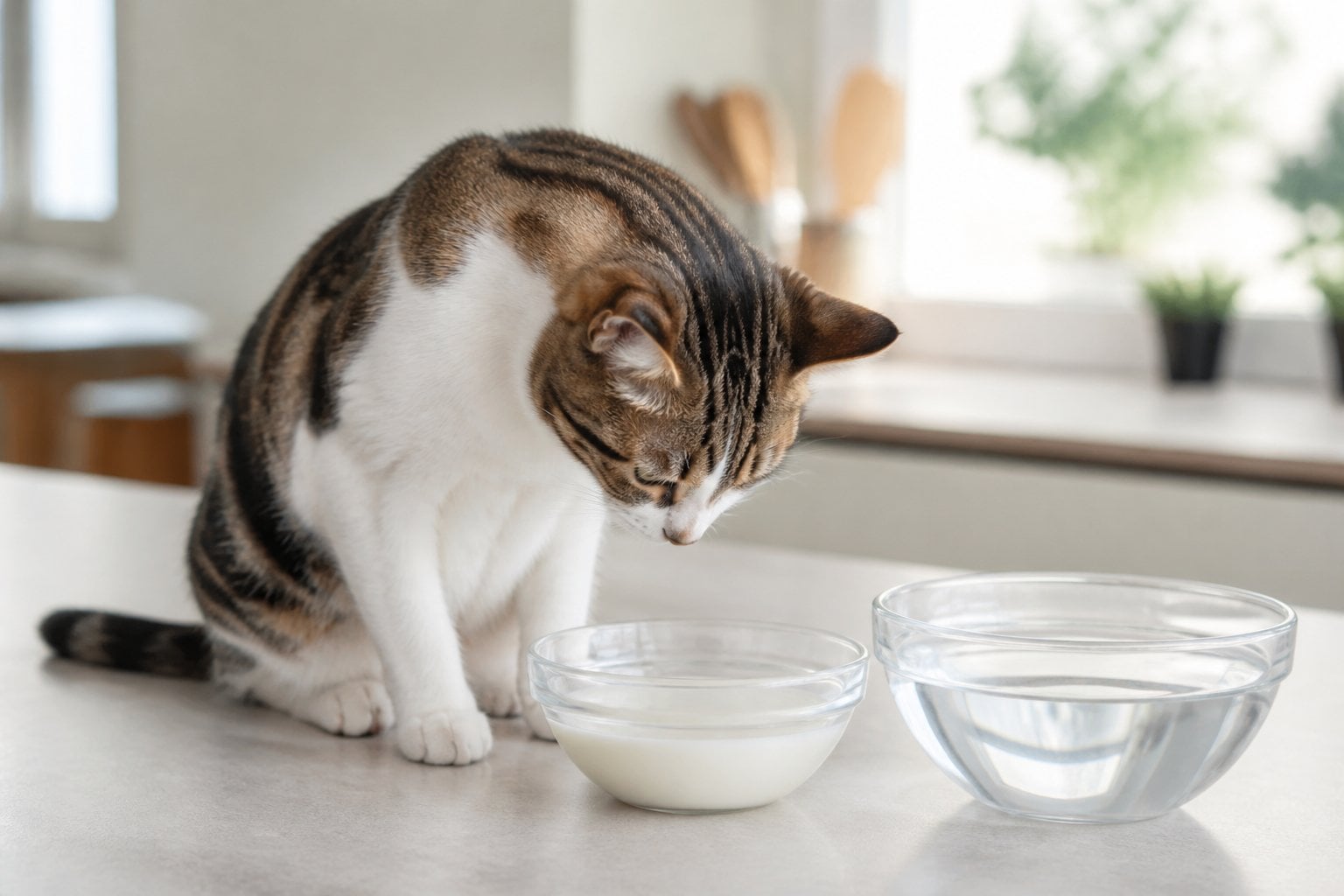 A cat cautiously sniffs a bowl of milk beside a bowl of fresh water.