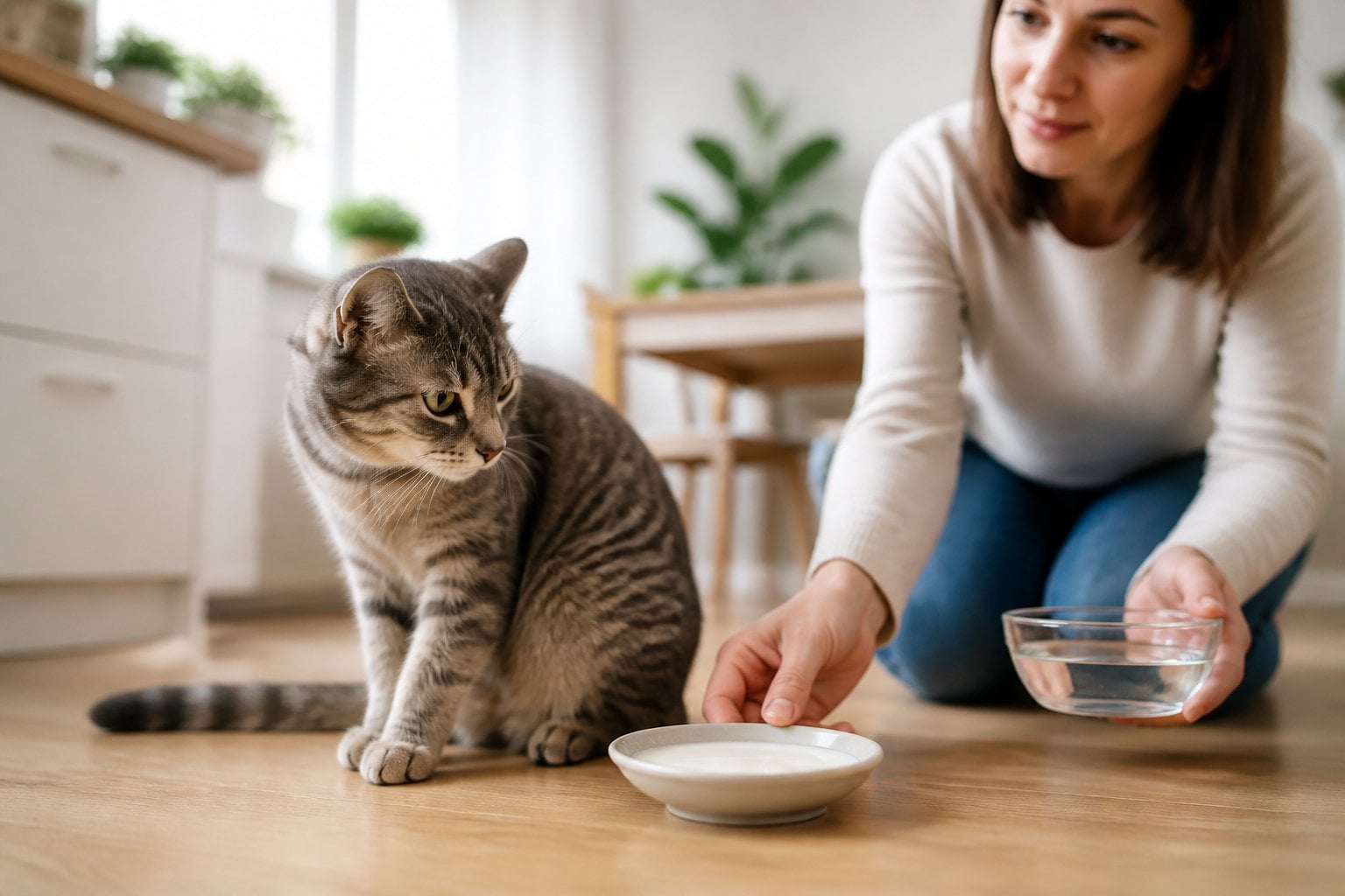 A cat cautiously sniffs a saucer of milk while a person offers it a bowl of water.