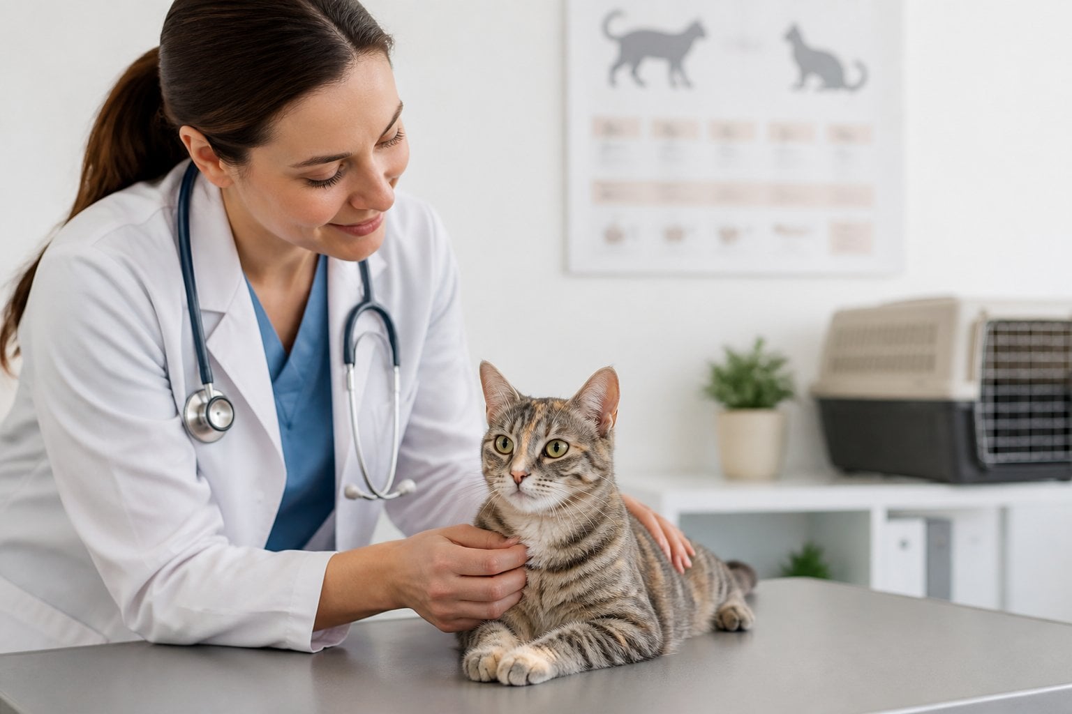 A veterinarian gently examines a relaxed adult female cat in a bright veterinary clinic.
