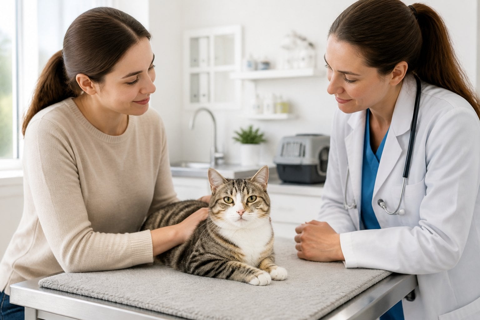 A relaxed cat sits with a veterinarian and its owner in a bright veterinary examination room.