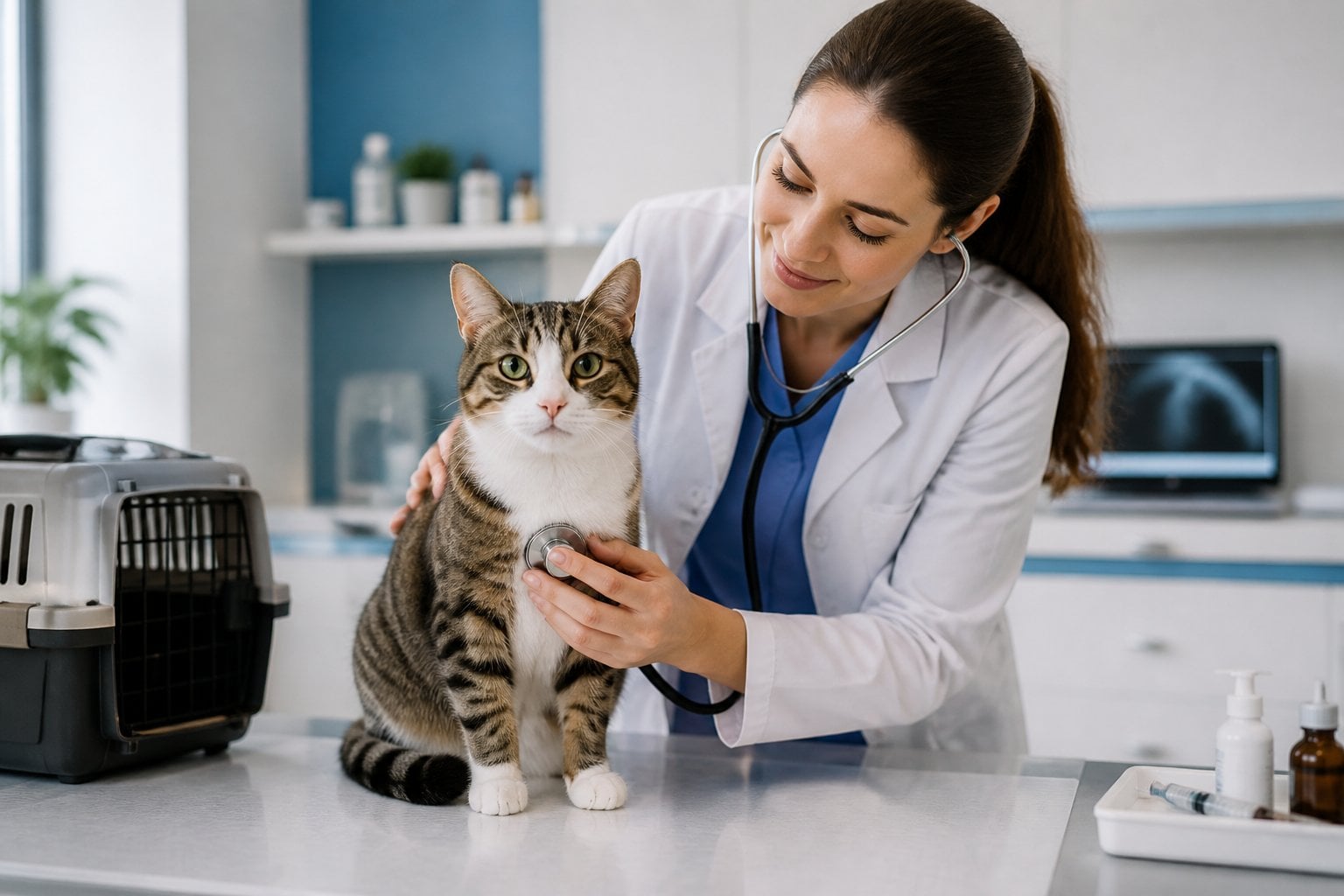 A veterinarian gives a routine checkup to an indoor cat on an examination table.