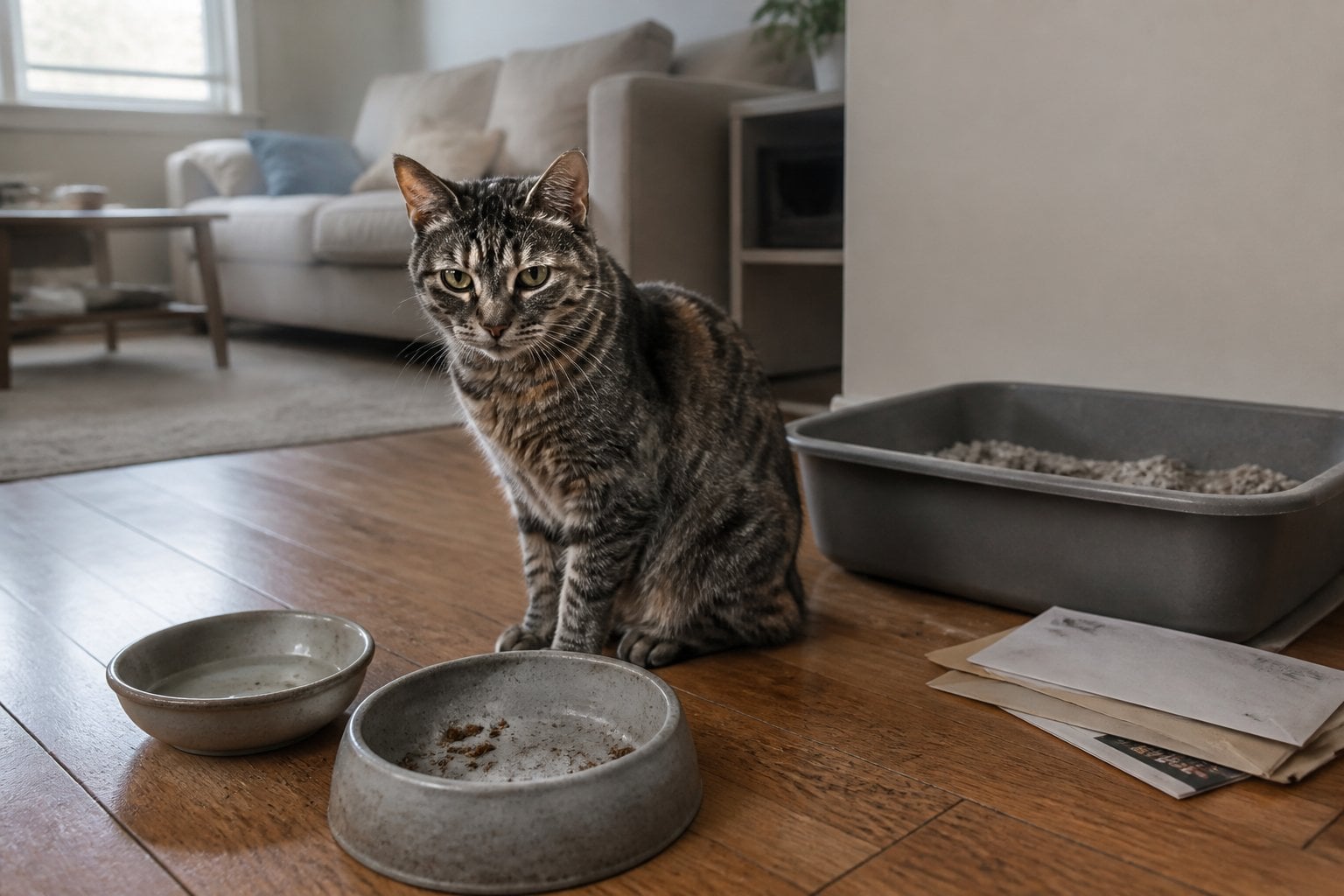 A cat sits alone indoors beside empty food and water dishes and an overdue litter box.