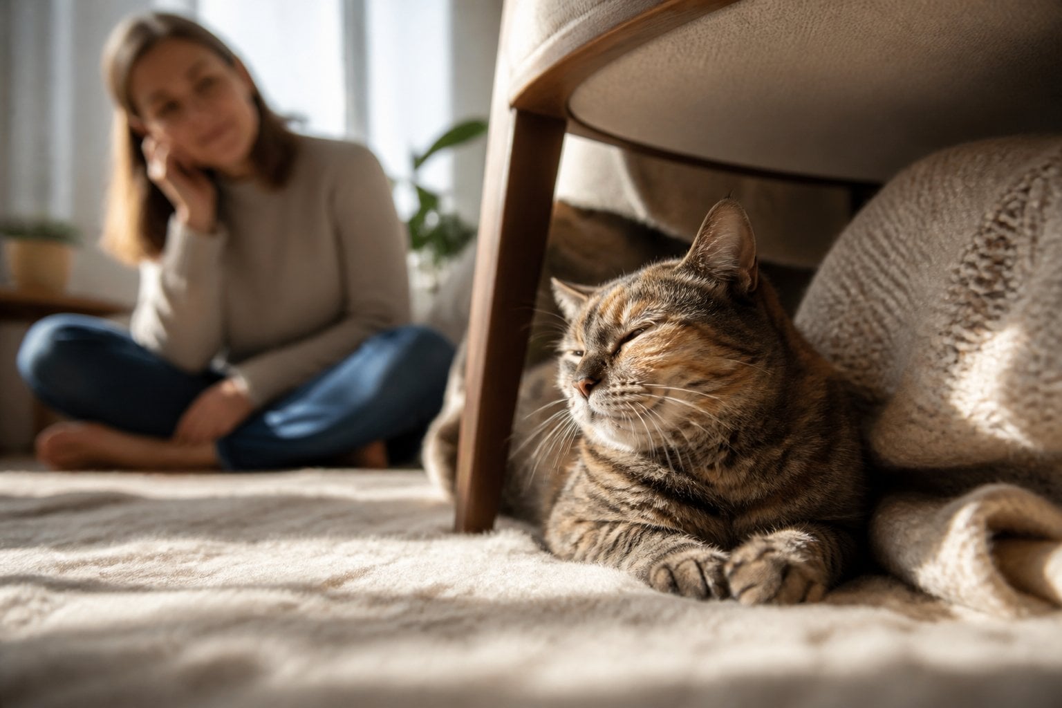 A senior cat rests peacefully in a cozy home while its owner sits nearby.