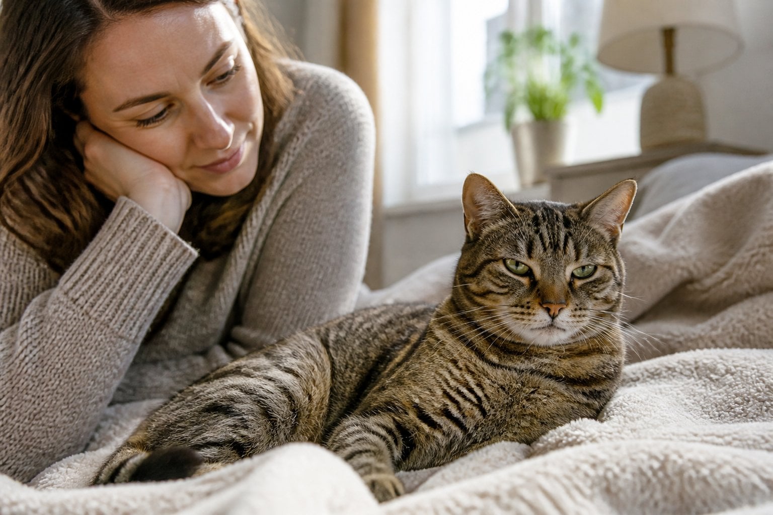 A cat rests on a blanket while a person gently observes it.