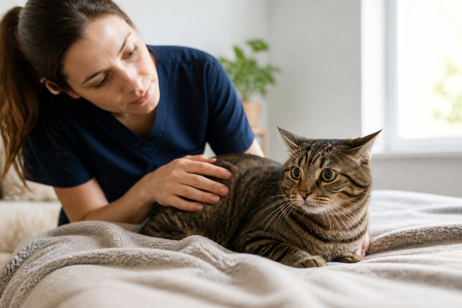 A cat rests on a blanket while a person carefully observes its slightly tense body language.