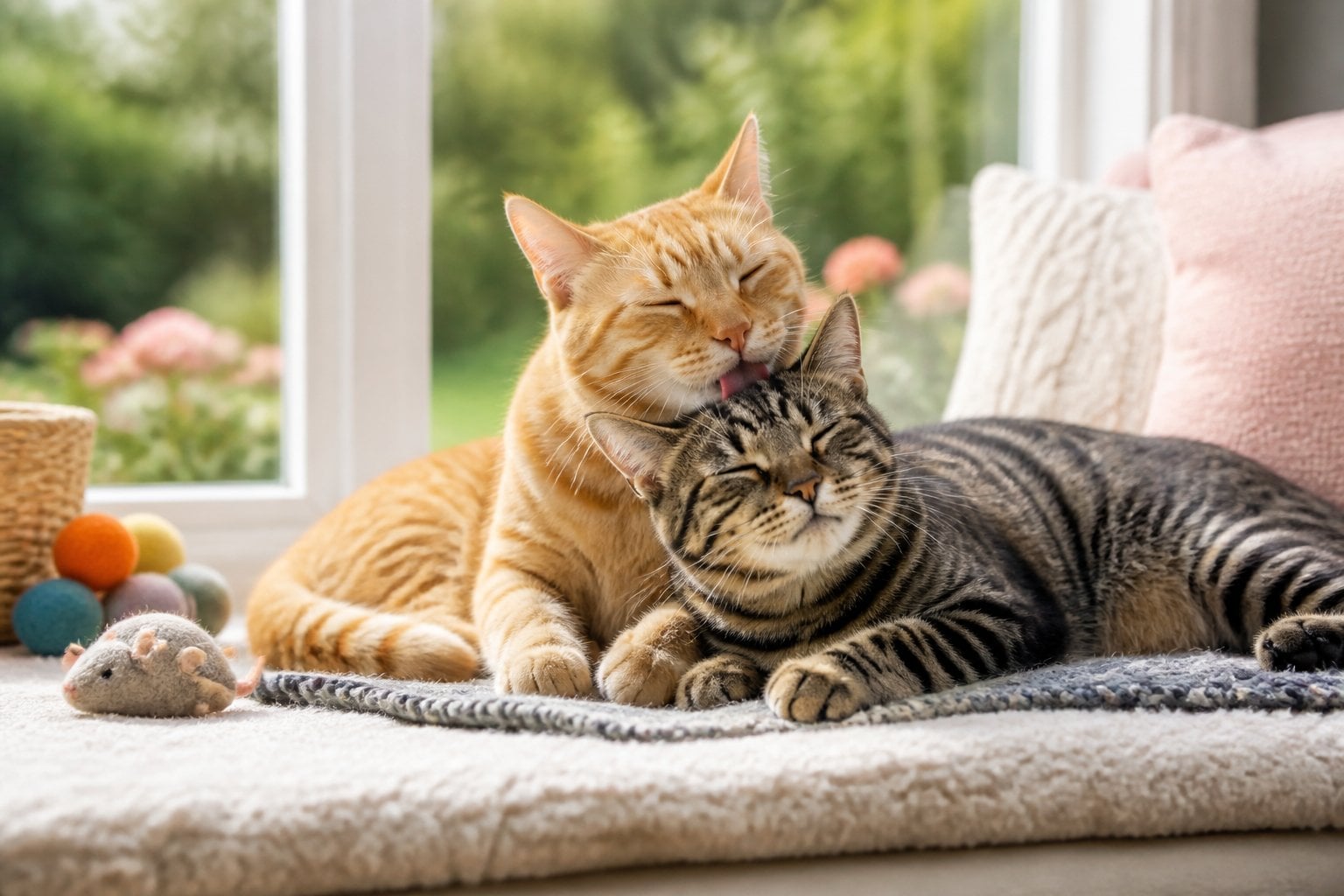 Two cats cuddle and groom each other on a sunny window seat.