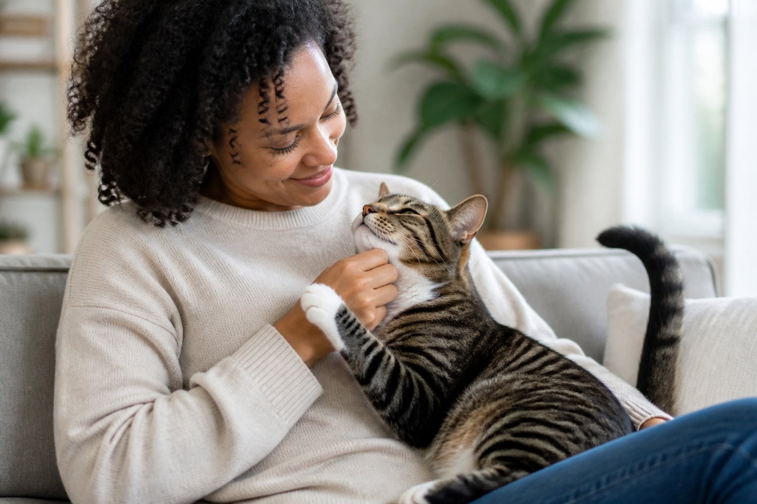 A cat cuddles closely with its smiling owner in a bright home.