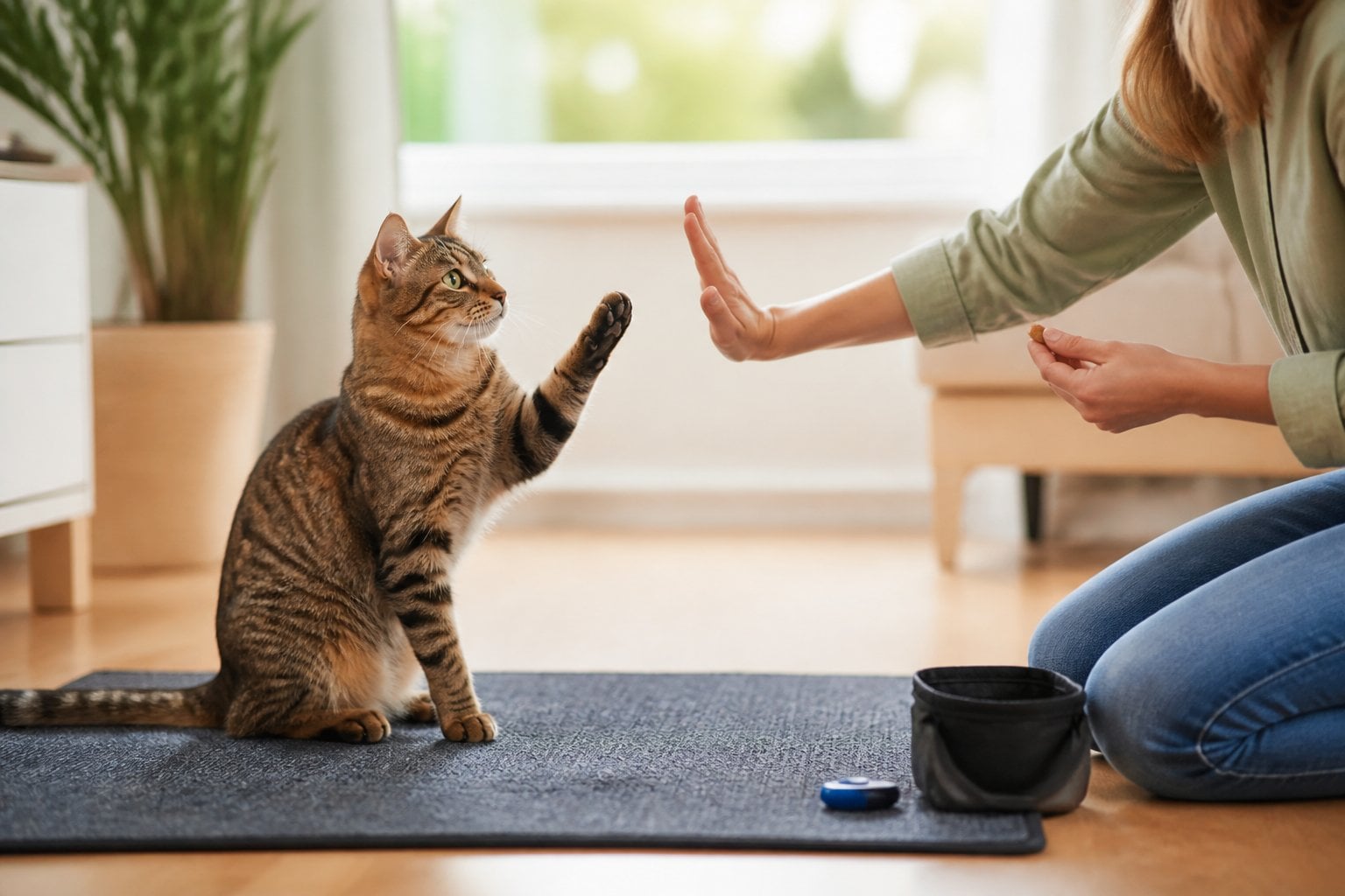 A cat attentively raises one paw toward a trainer’s hand during a reward-based training session.