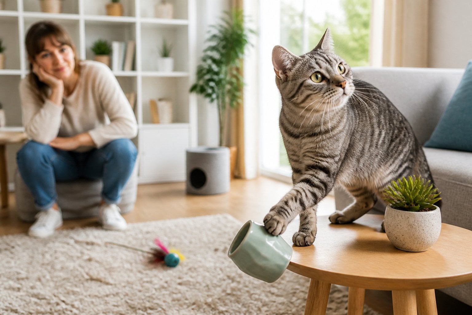 A cat knocks an object from a table while its puzzled owner watches.