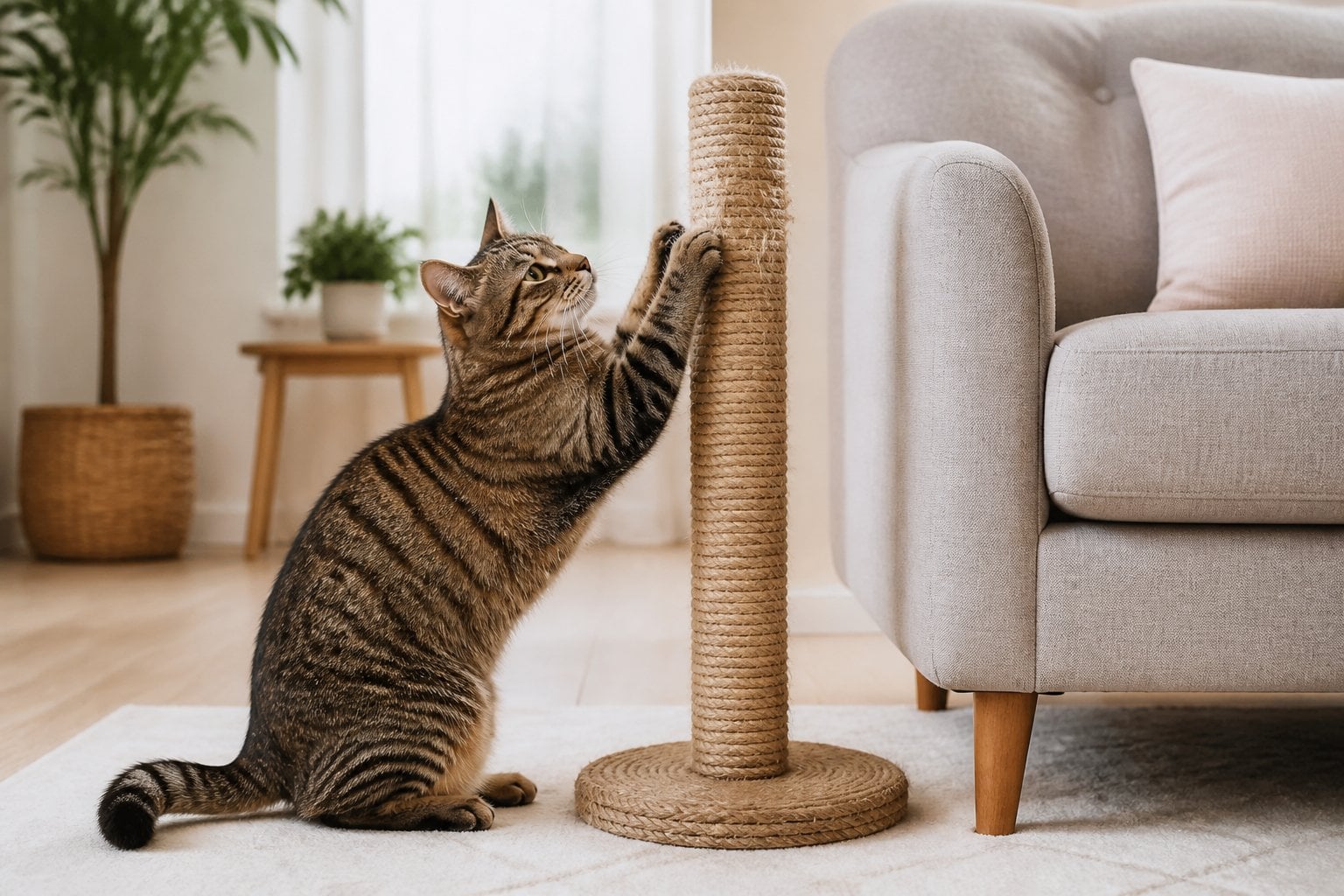 A cat calmly scratches a post beside an upholstered armchair.