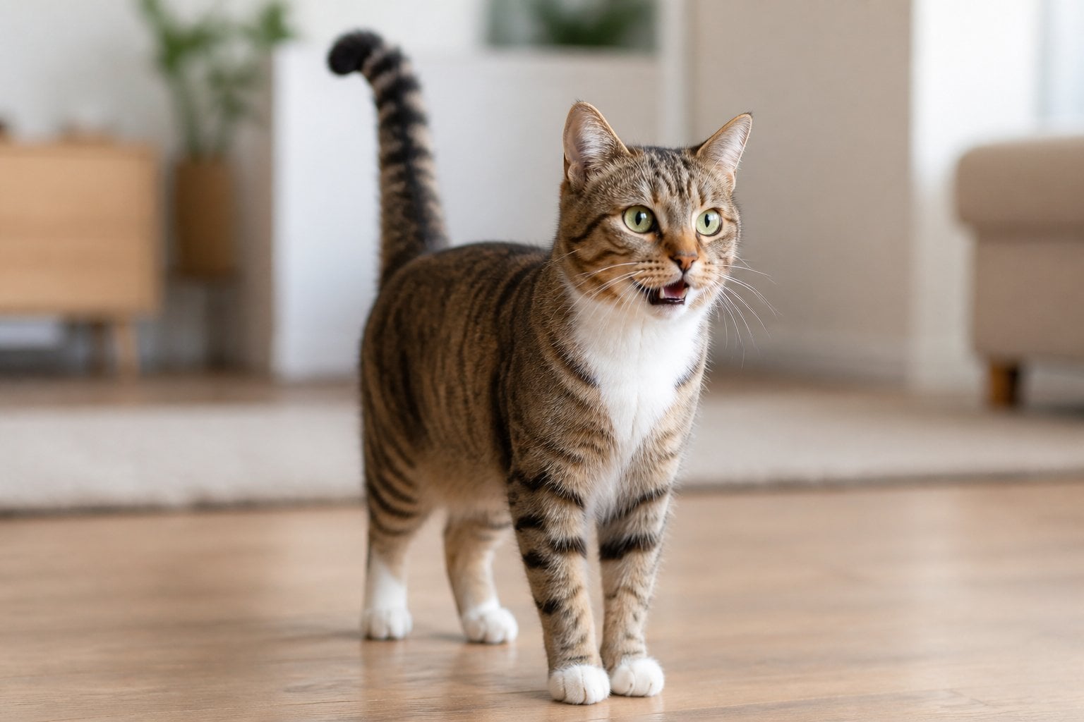 A happy cat sits indoors with its tail raised and gently wagging.