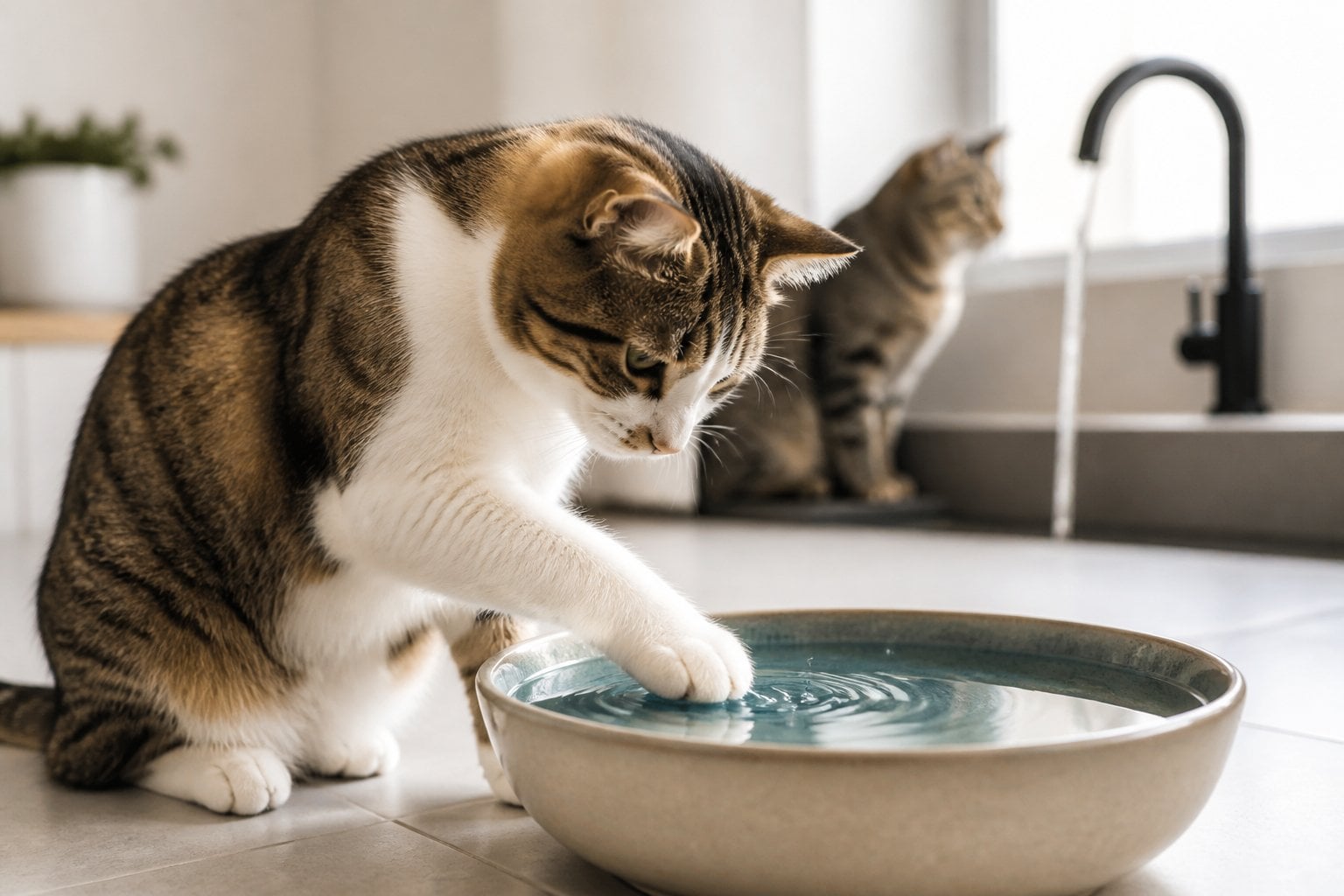 A relaxed tabby cat gently touches the water in a shallow basin while another cat sits nearby.
