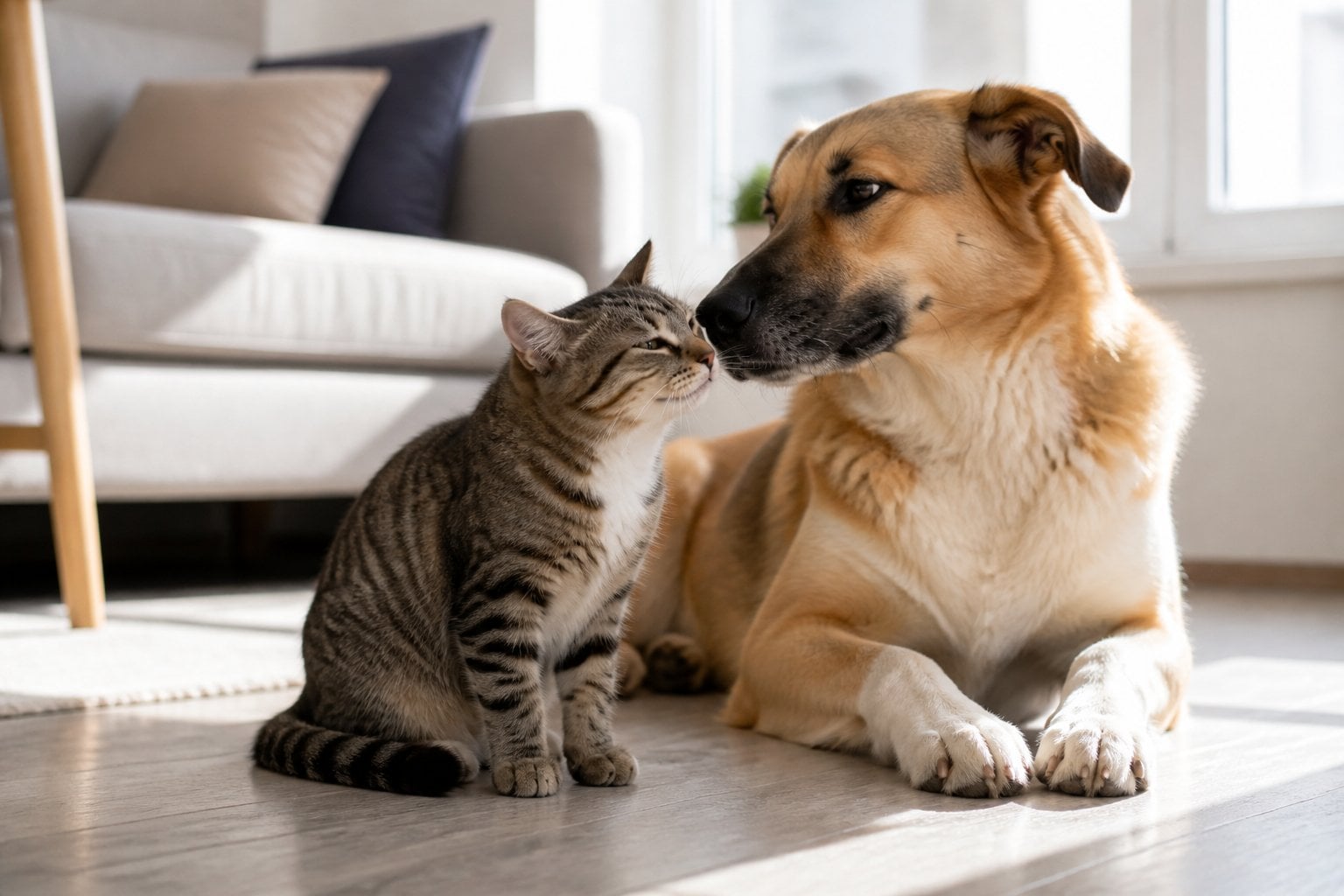 A relaxed cat and friendly dog calmly sitting together in a sunny living room.