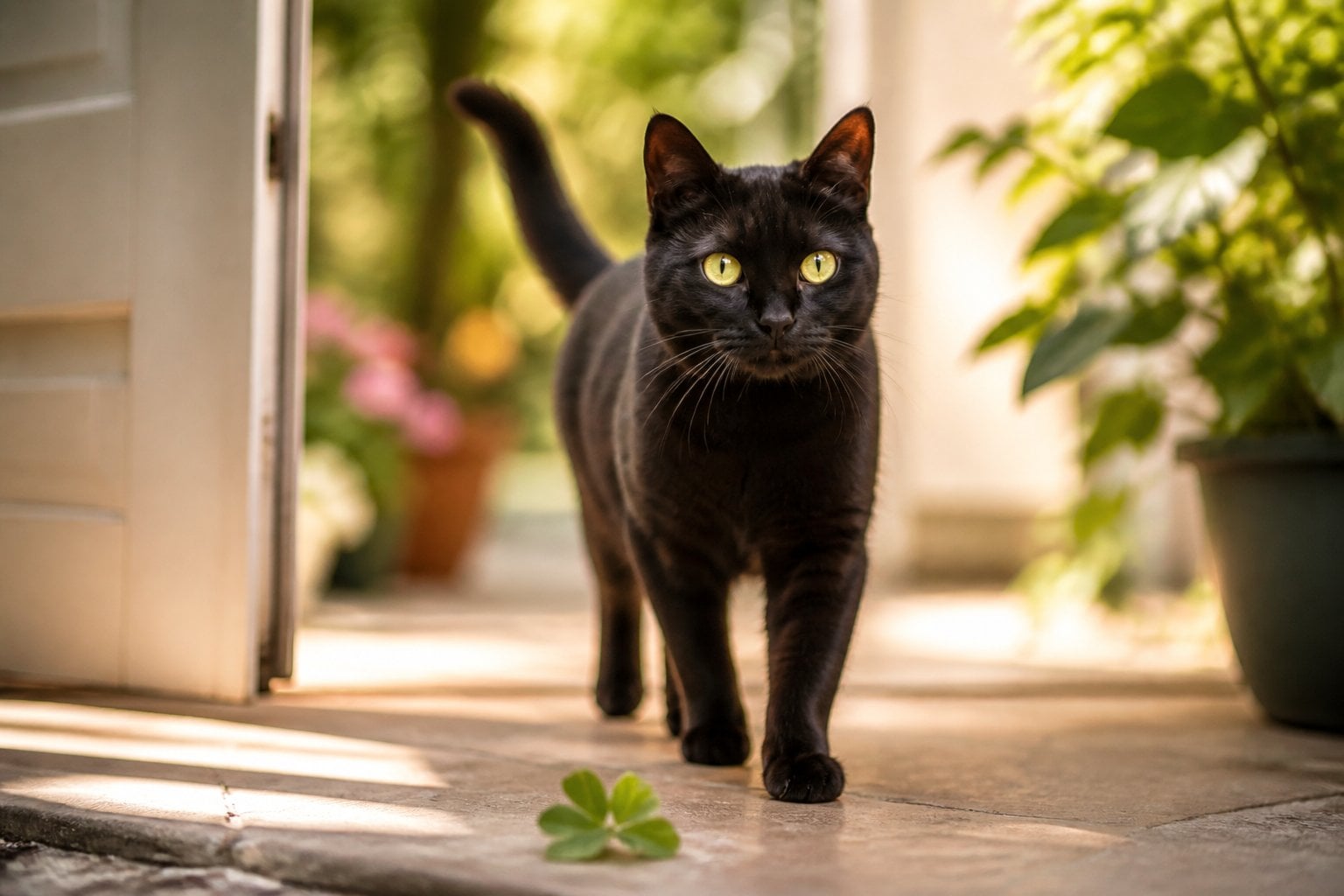 A black cat calmly walking through a sunlit garden beside a four-leaf clover.
