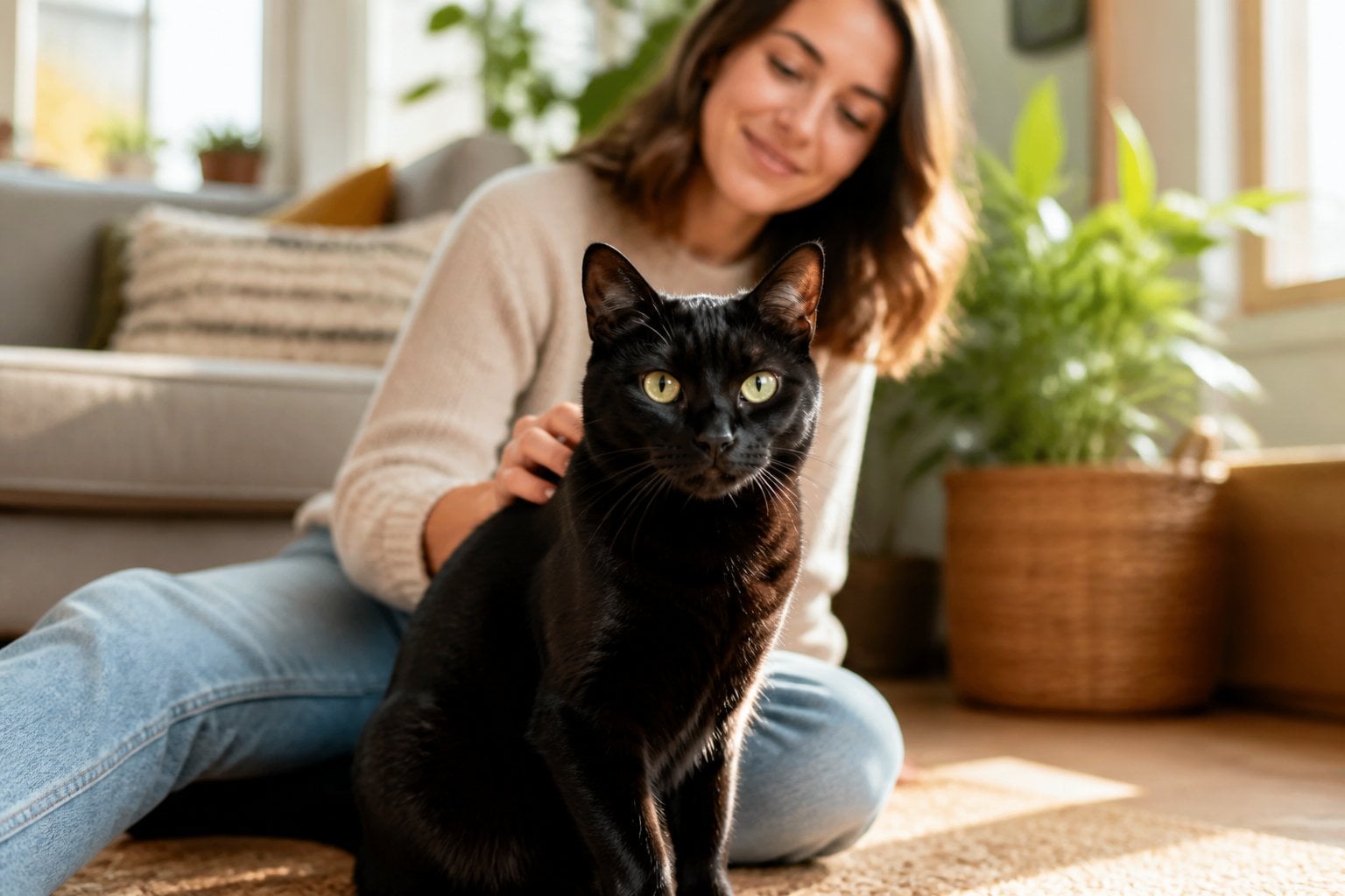 A relaxed black cat sits beside its smiling owner in a bright, comfortable home.