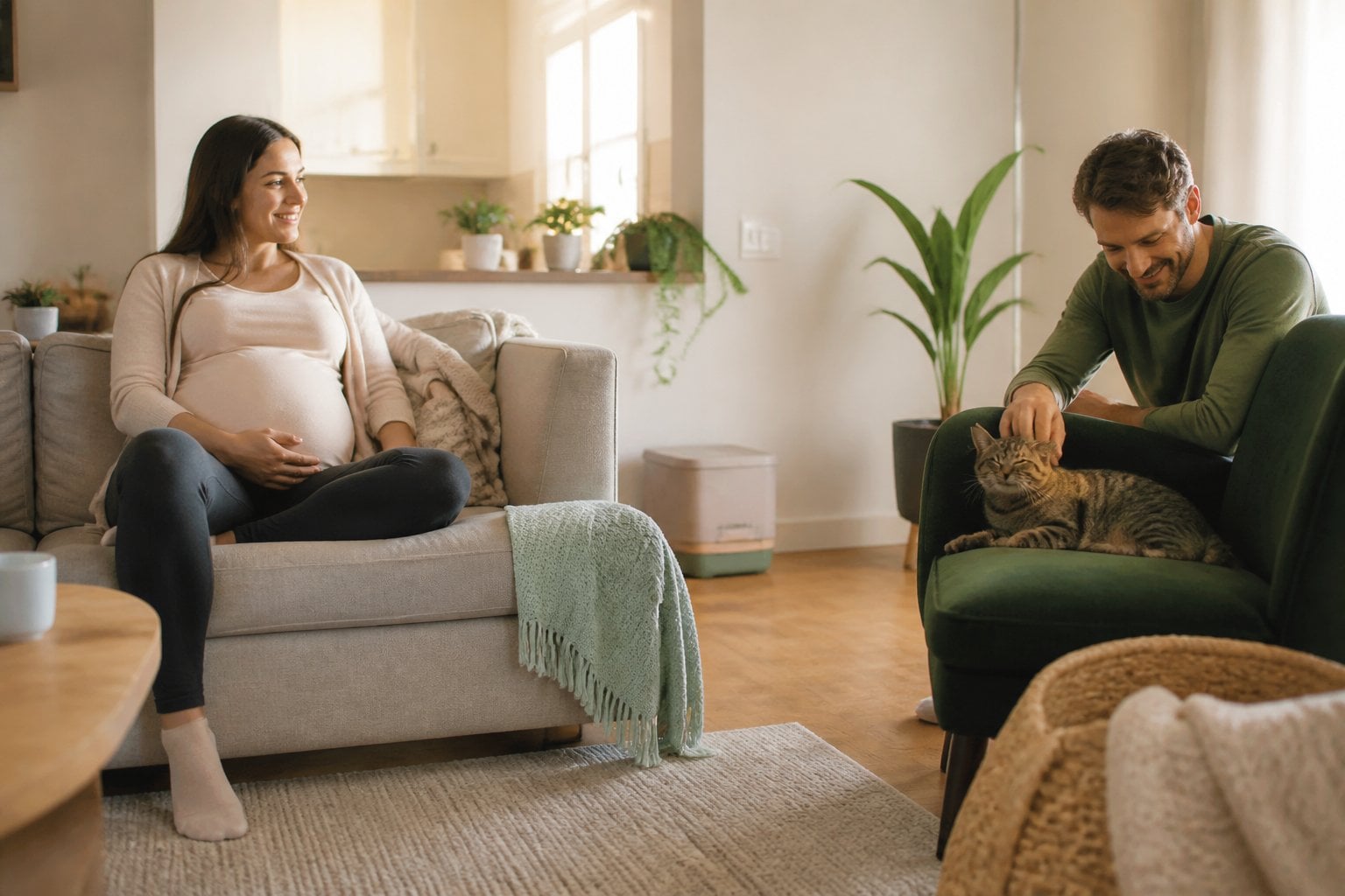 A pregnant person relaxes in a living room while a cat rests nearby and another adult cares for it.