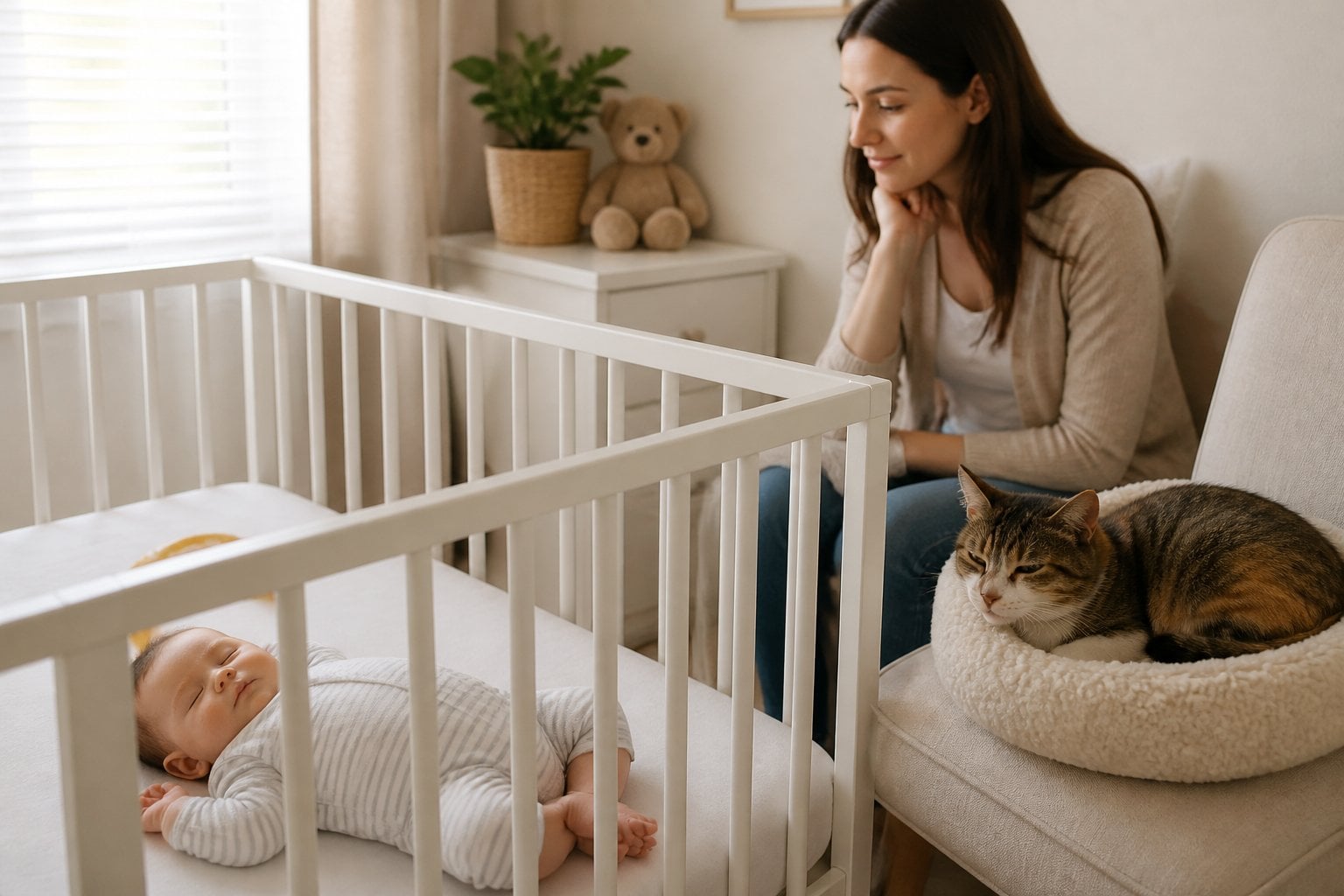 A supervised baby sleeps safely in a crib while a calm cat rests nearby in a separate pet bed.
