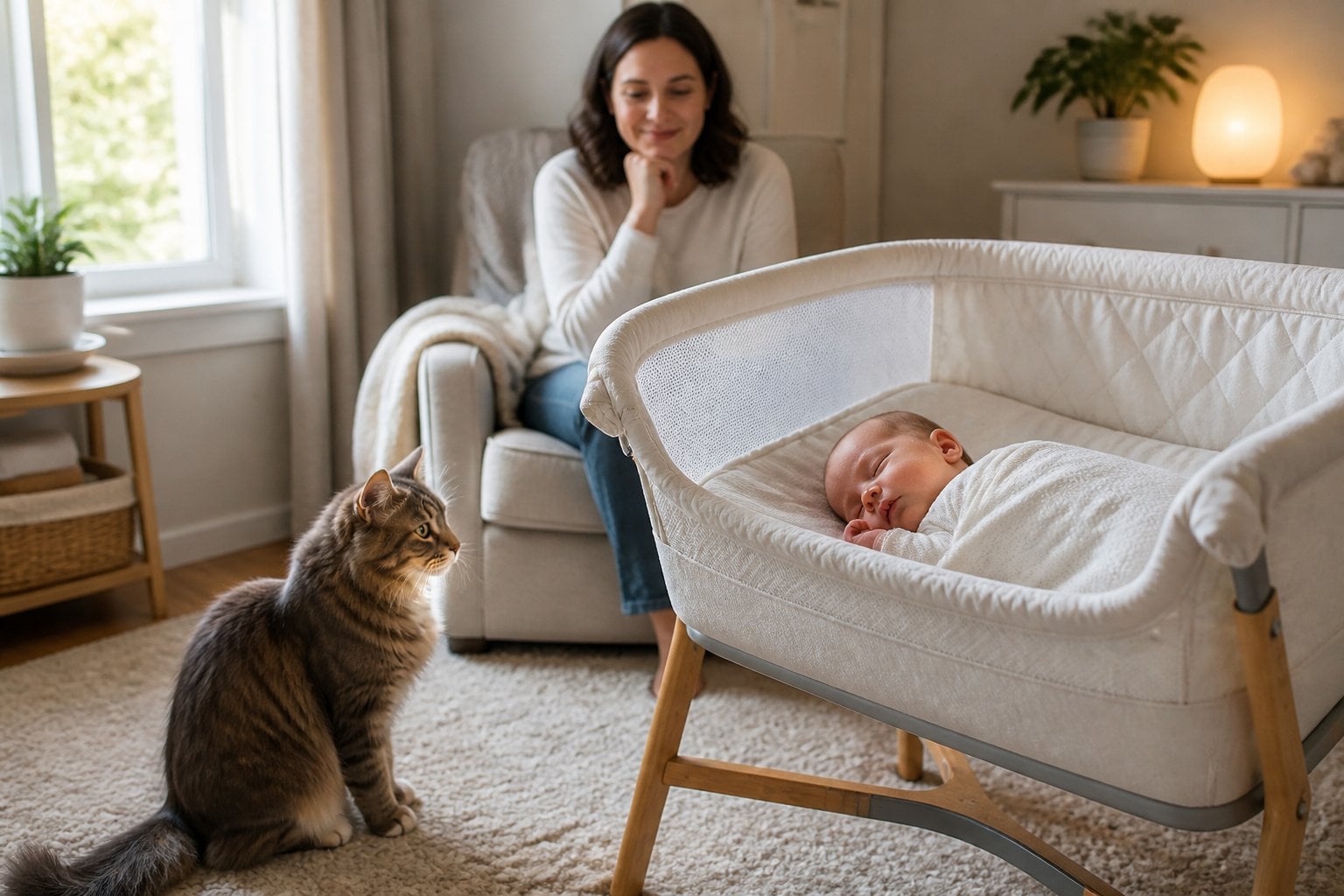 A sleeping baby rests safely in a bassinet while a calm cat watches from nearby.