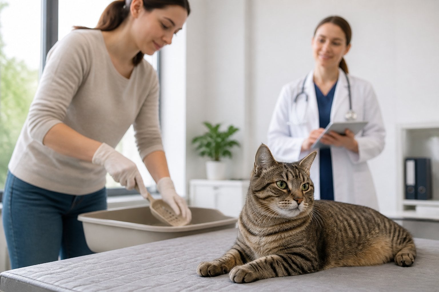 A calm house cat rests nearby while a person practices careful hygiene during routine pet care.