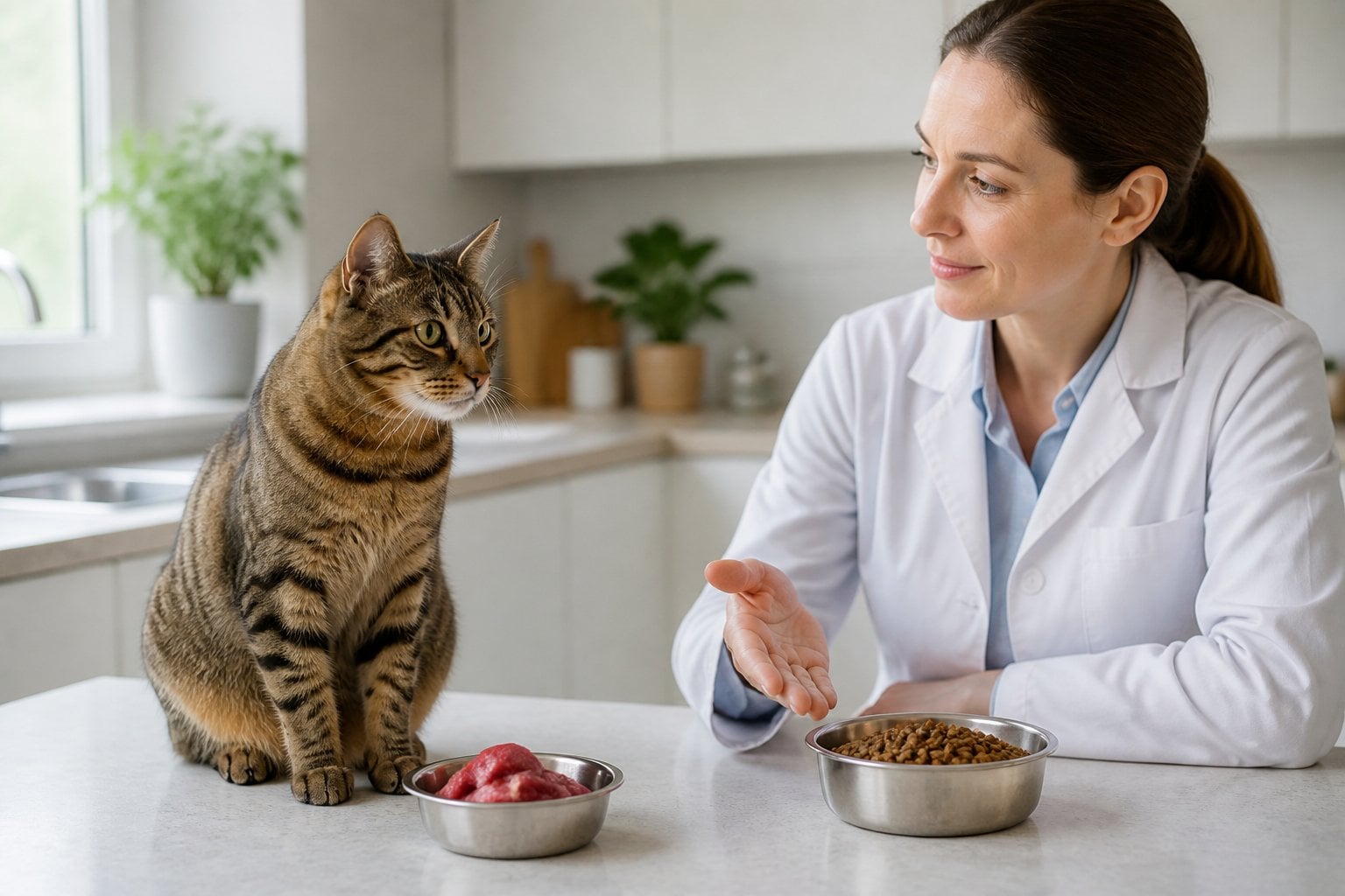 A cat sits beside bowls of raw meat and balanced cat food while a pet nutritionist gestures nearby.