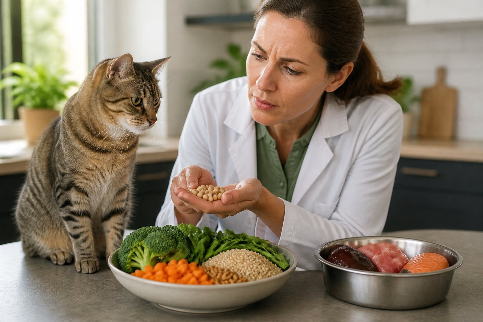 A cat sits beside bowls of vegetables and cat food while a person examines the ingredients.