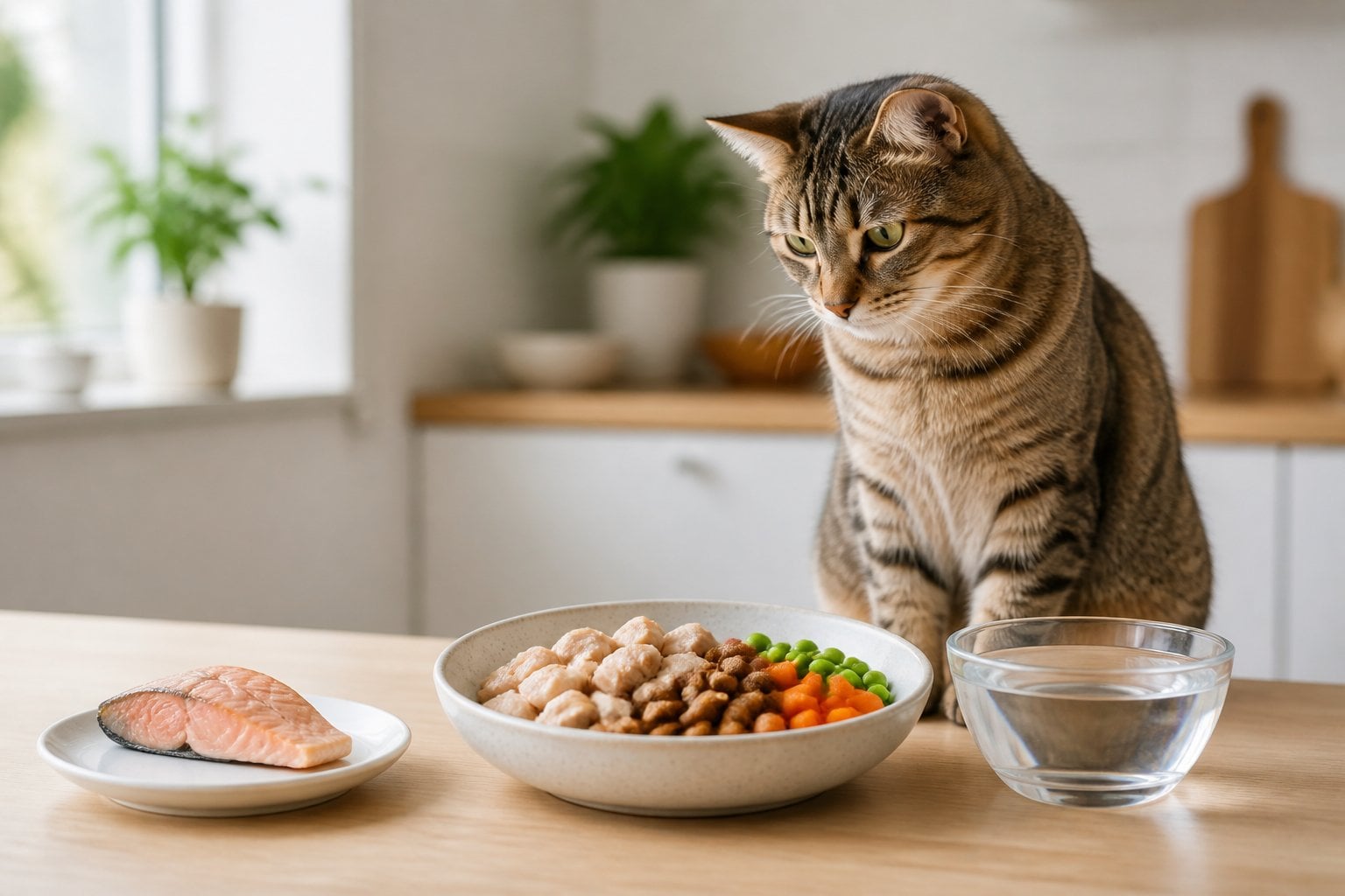 A healthy cat sits beside a varied nutritious meal with a small piece of fish and fresh water.