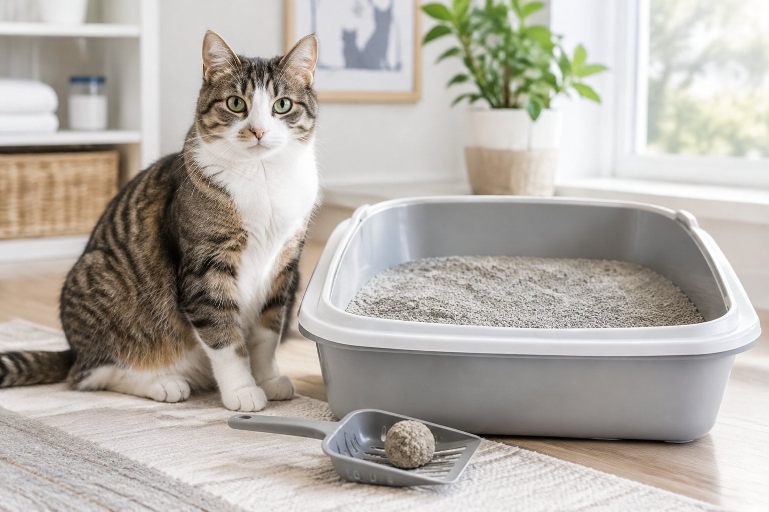 A cat stands beside a clean litter box filled with clay litter.