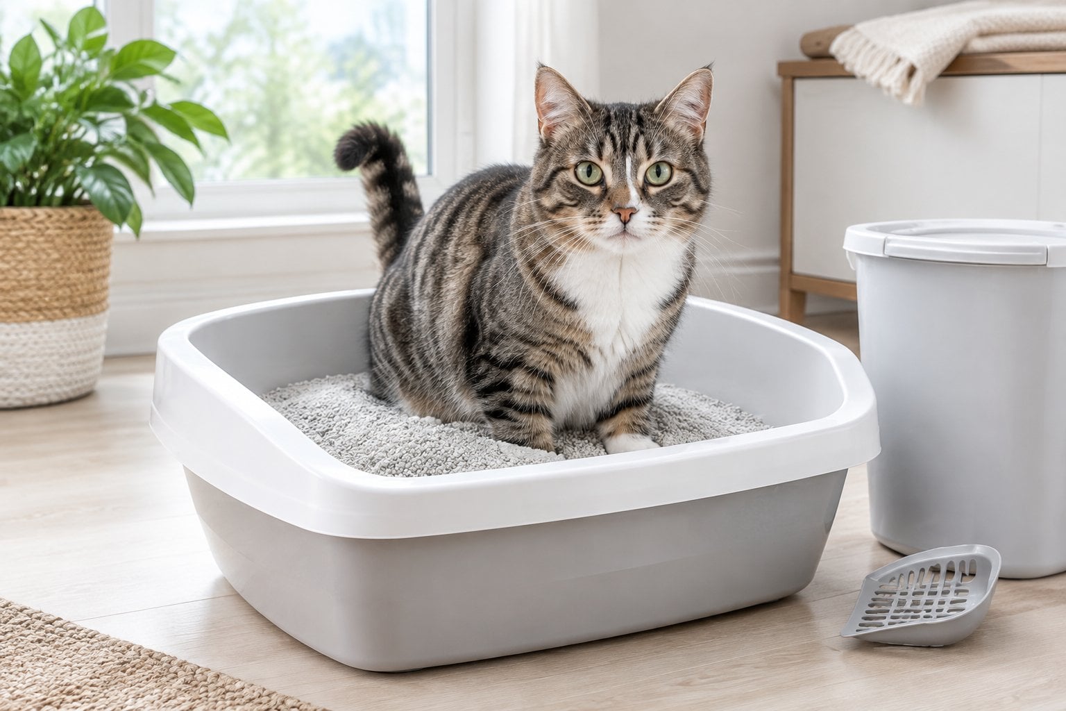 A cat uses a litter box filled with pale gray clumping litter.