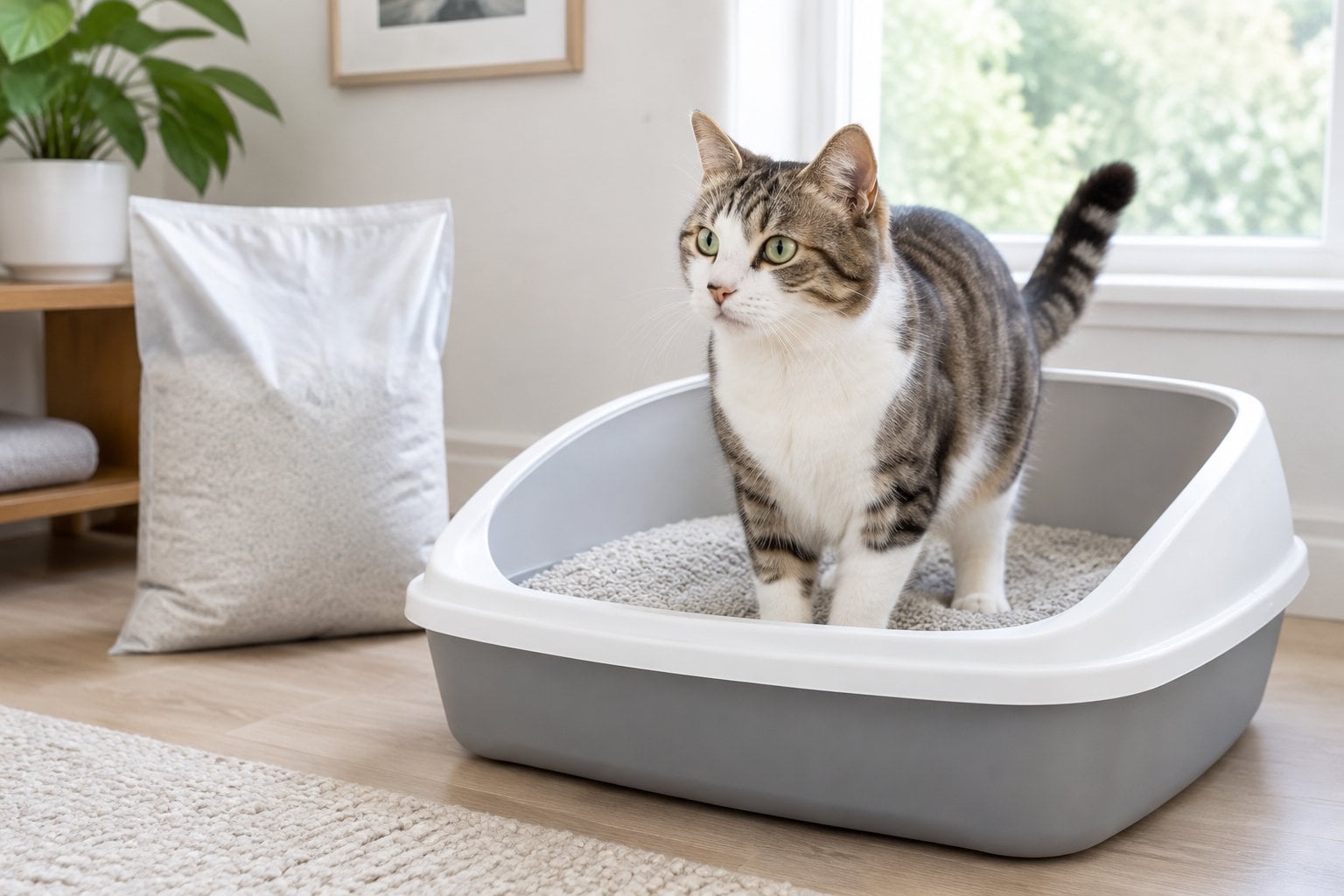 A cat calmly uses a clean litter box in a bright home.