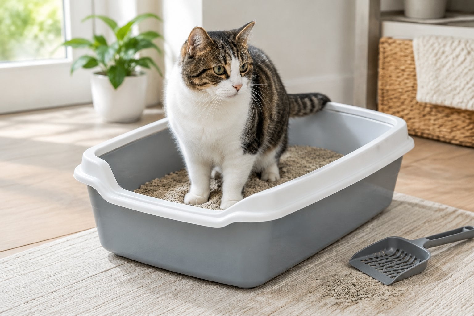 A cat using a litter box in a bright, tidy home.