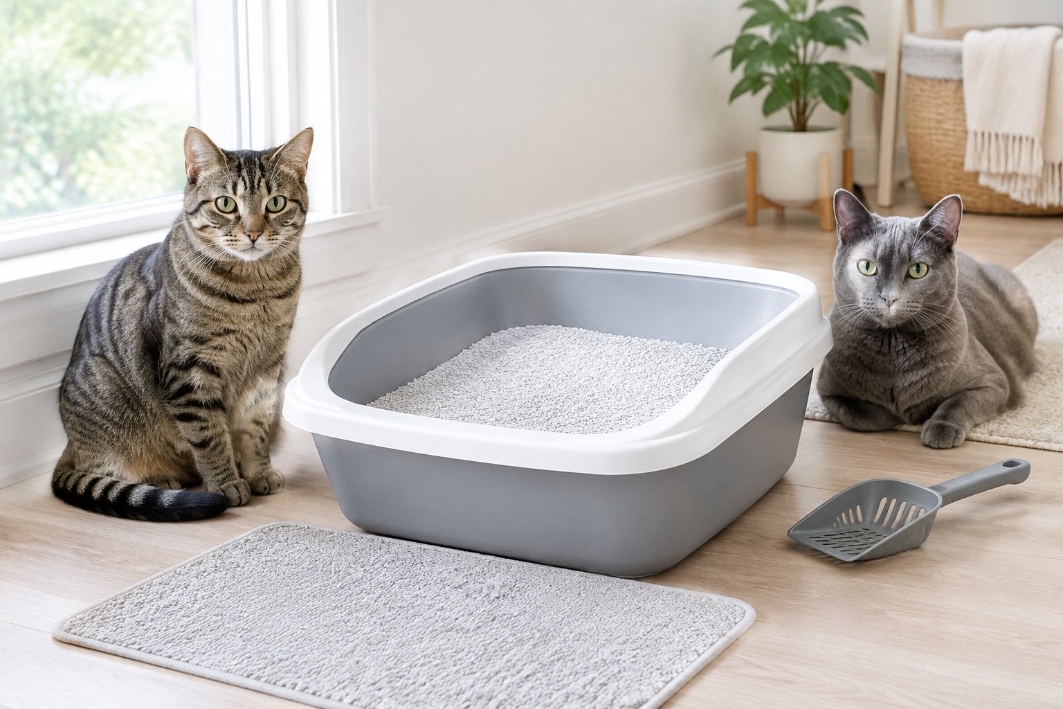 Two cats sit beside a clean litter box.