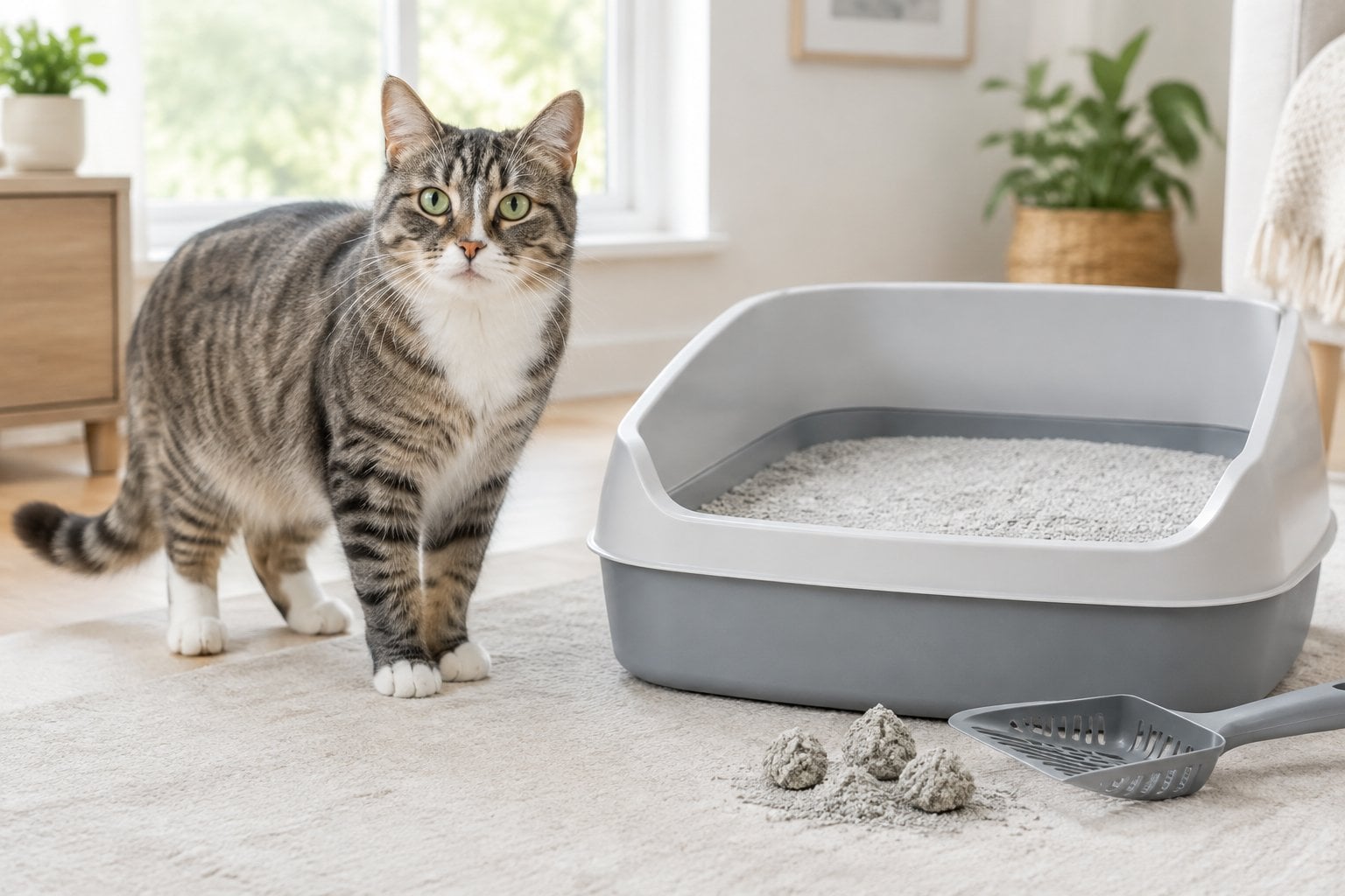 A cat stands beside a clean litter box filled with clay litter.