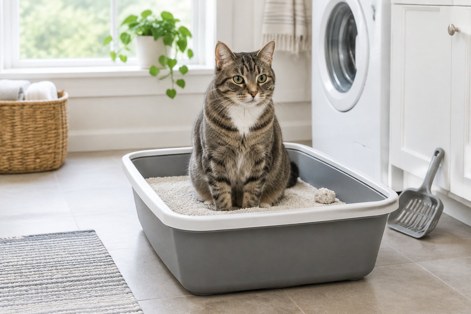 A cat stands in a clean litter box filled with clumping litter.