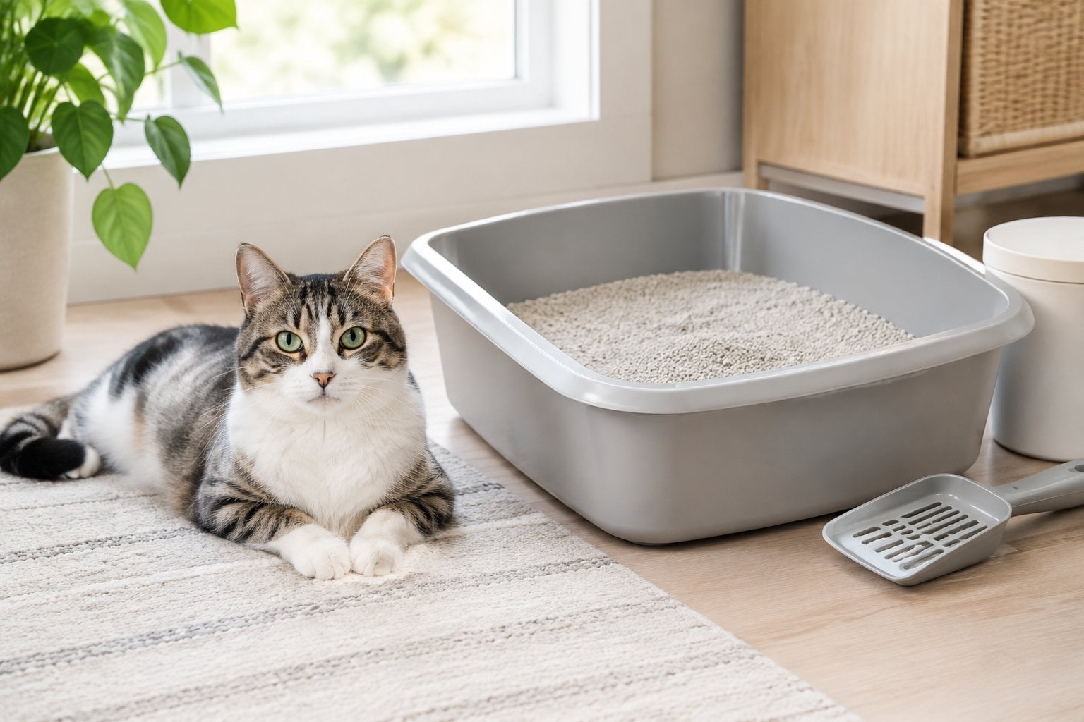 A relaxed cat sits beside a clean litter box in a bright home.