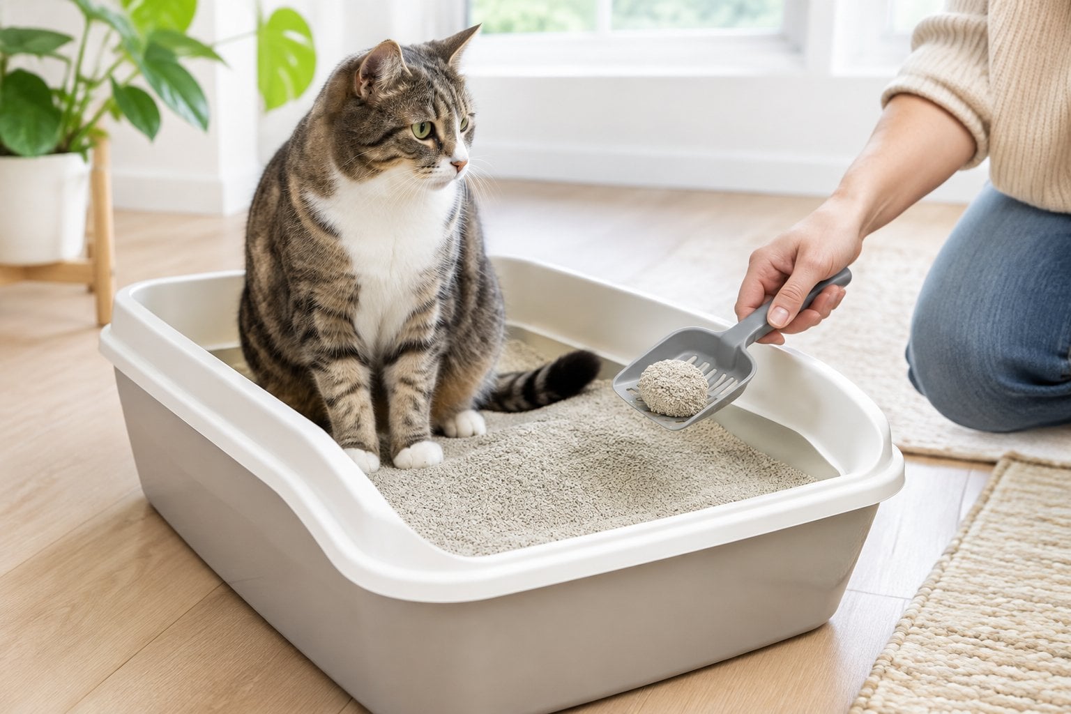 A person scoops clumping litter from a litter box while a cat stands nearby.