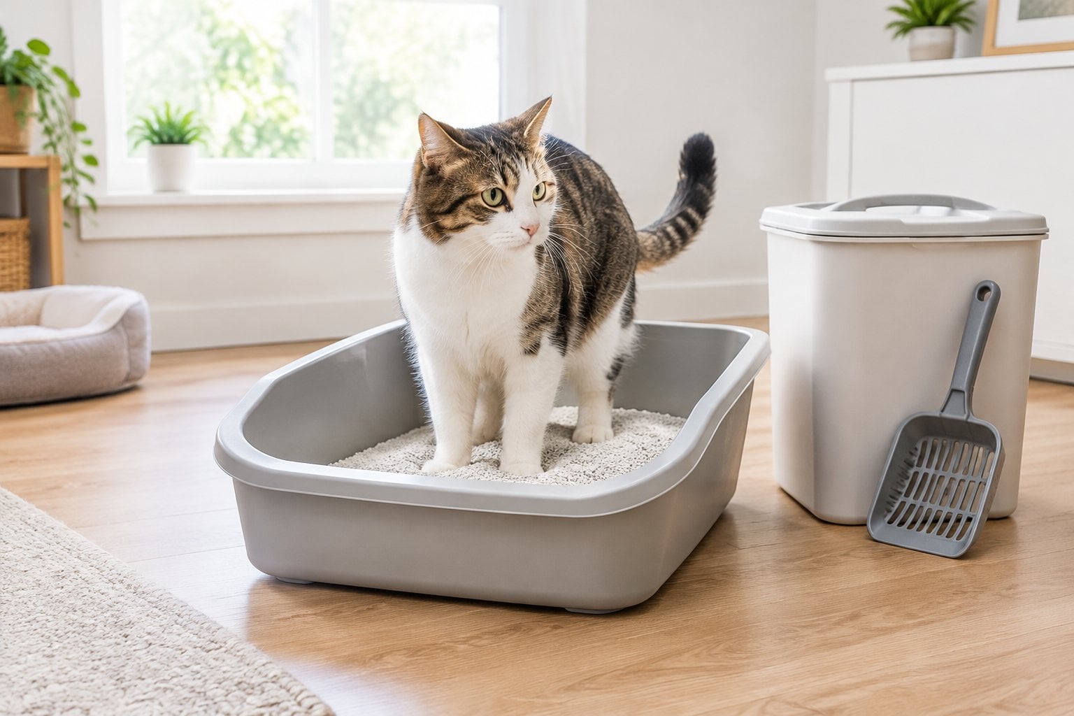 A cat uses a litter box filled with light-colored litter.