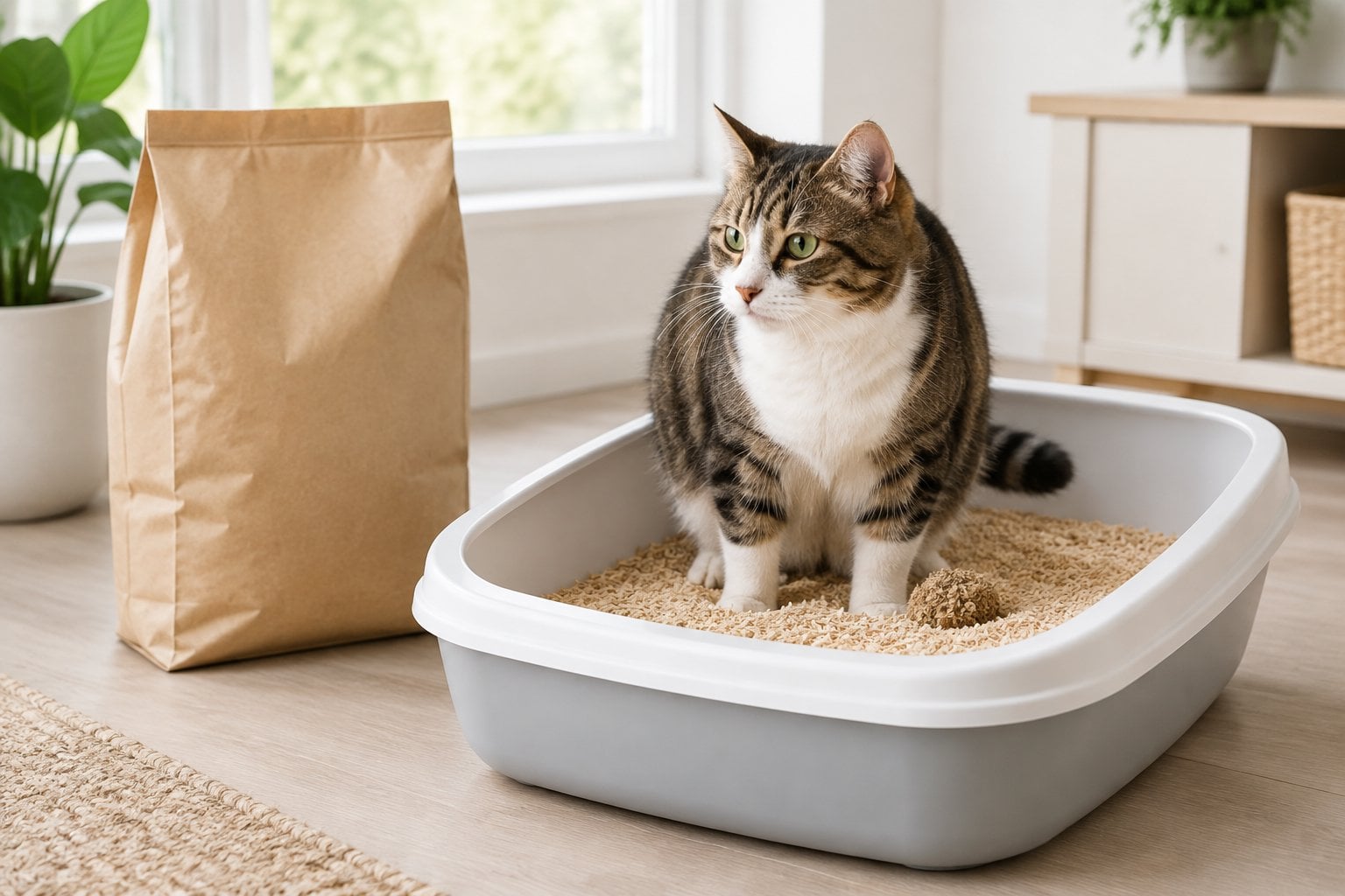 A cat uses a litter box filled with wood-fiber litter beside a paper bag.