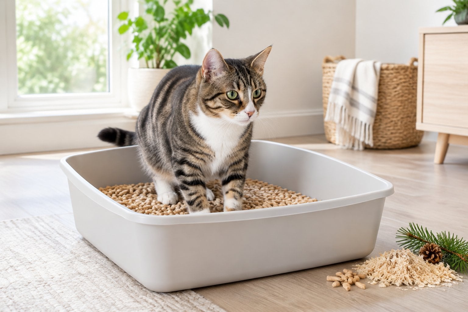 A cat stands in a litter box filled with wood pellets.