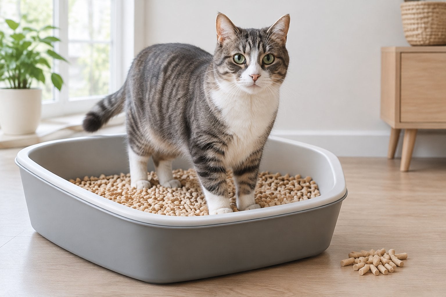 A cat beside a litter box filled with silica crystal litter.
