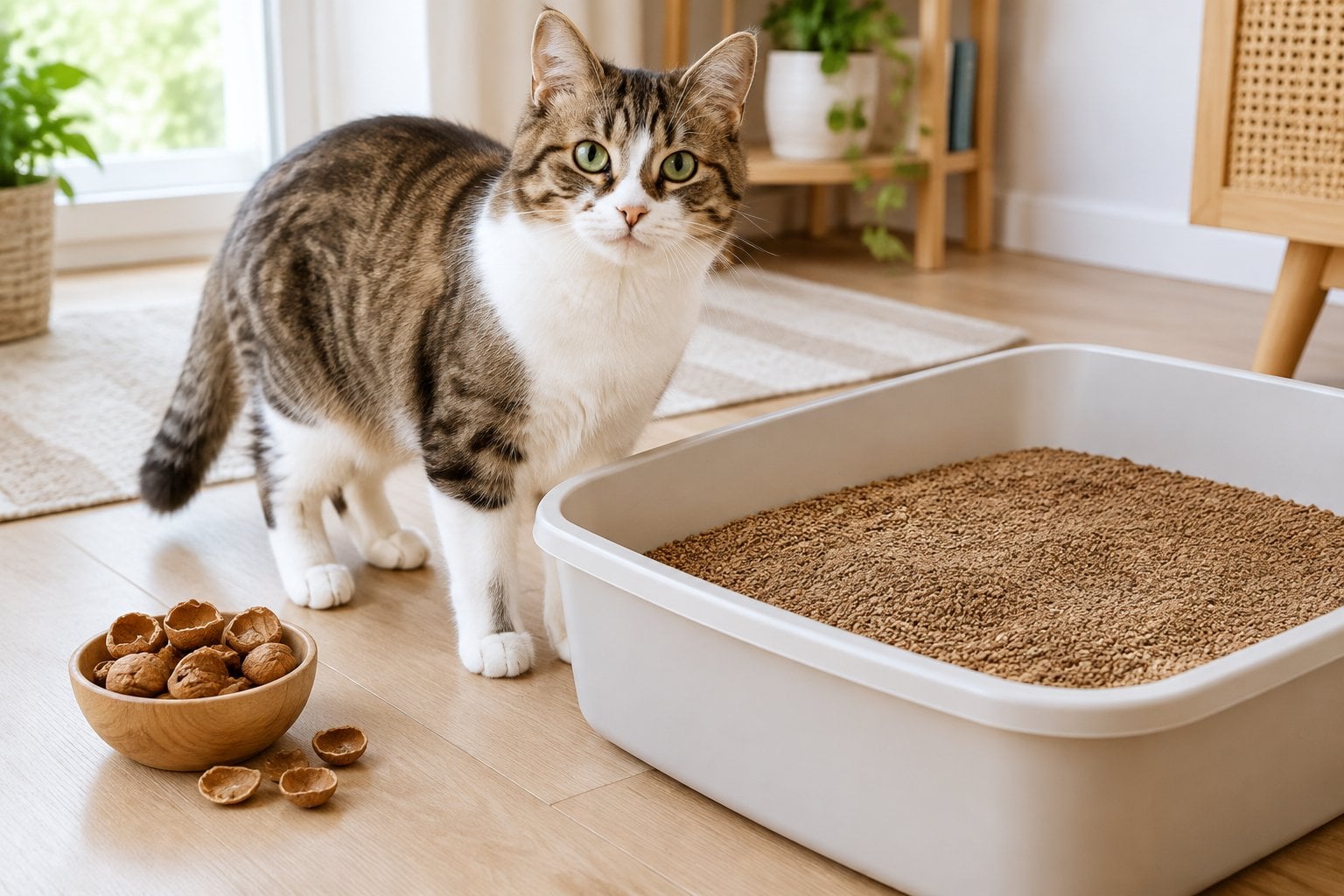 A cat stands beside a litter tray filled with brown walnut-based litter.