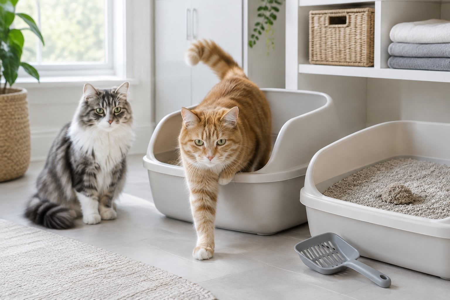Two cats beside clean litter boxes in a bright home.
