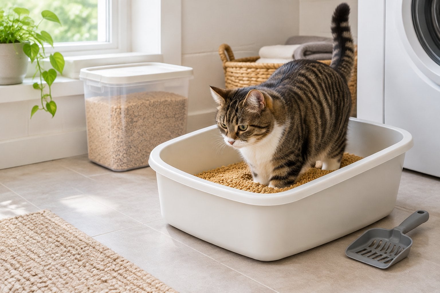 A cat uses a litter box filled with pale wheat-colored litter.