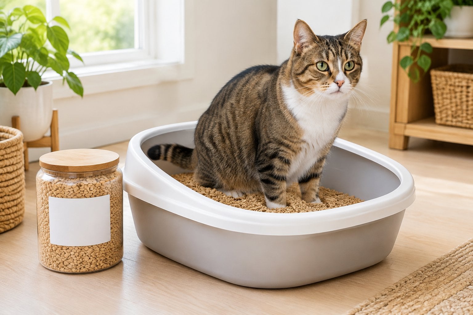 A cat uses a clean litter box filled with wood-fiber litter.