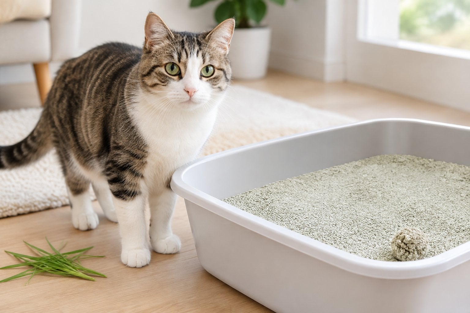 A cat stands beside a litter box filled with grass litter.