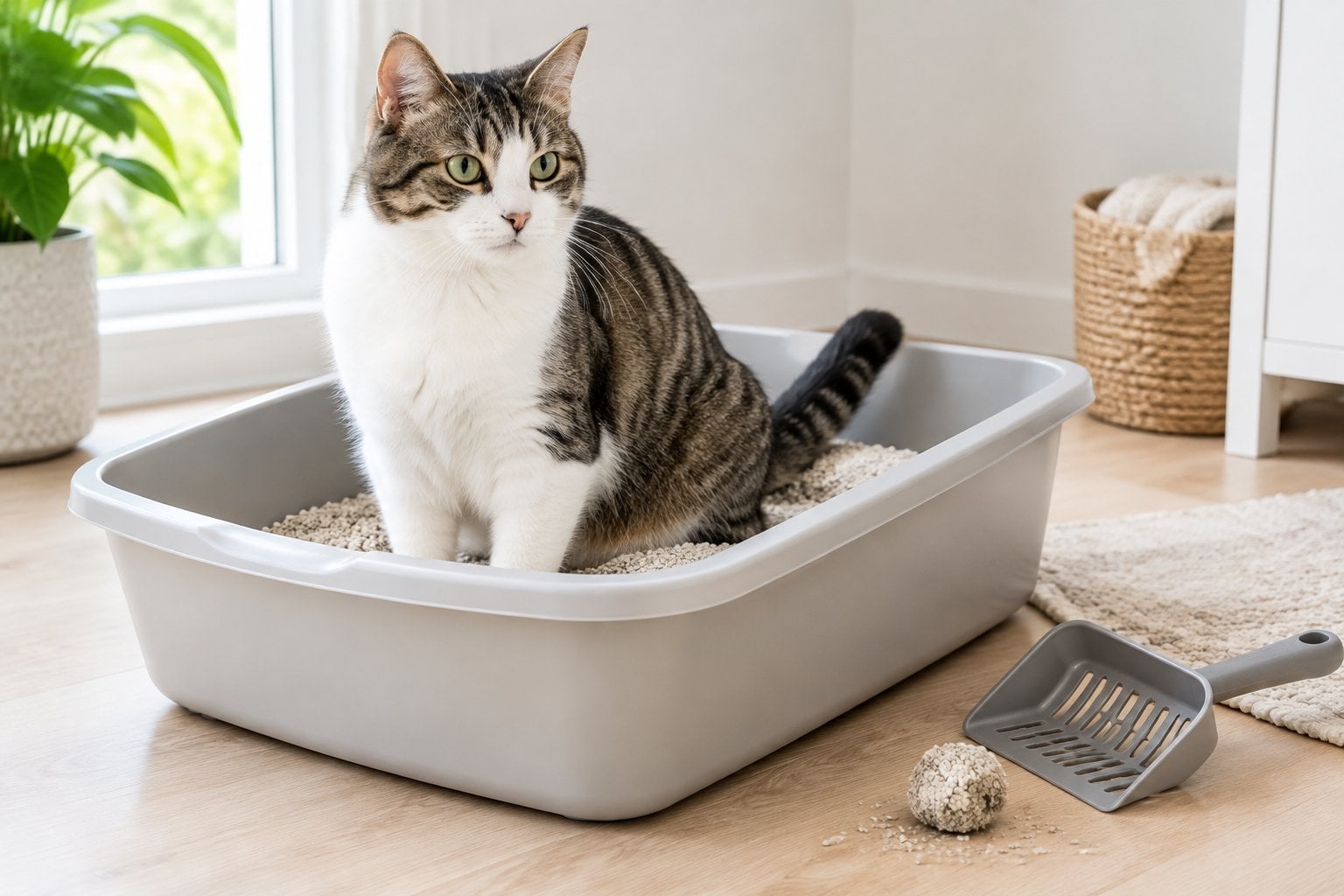 A cat stepping into a clean litter box.