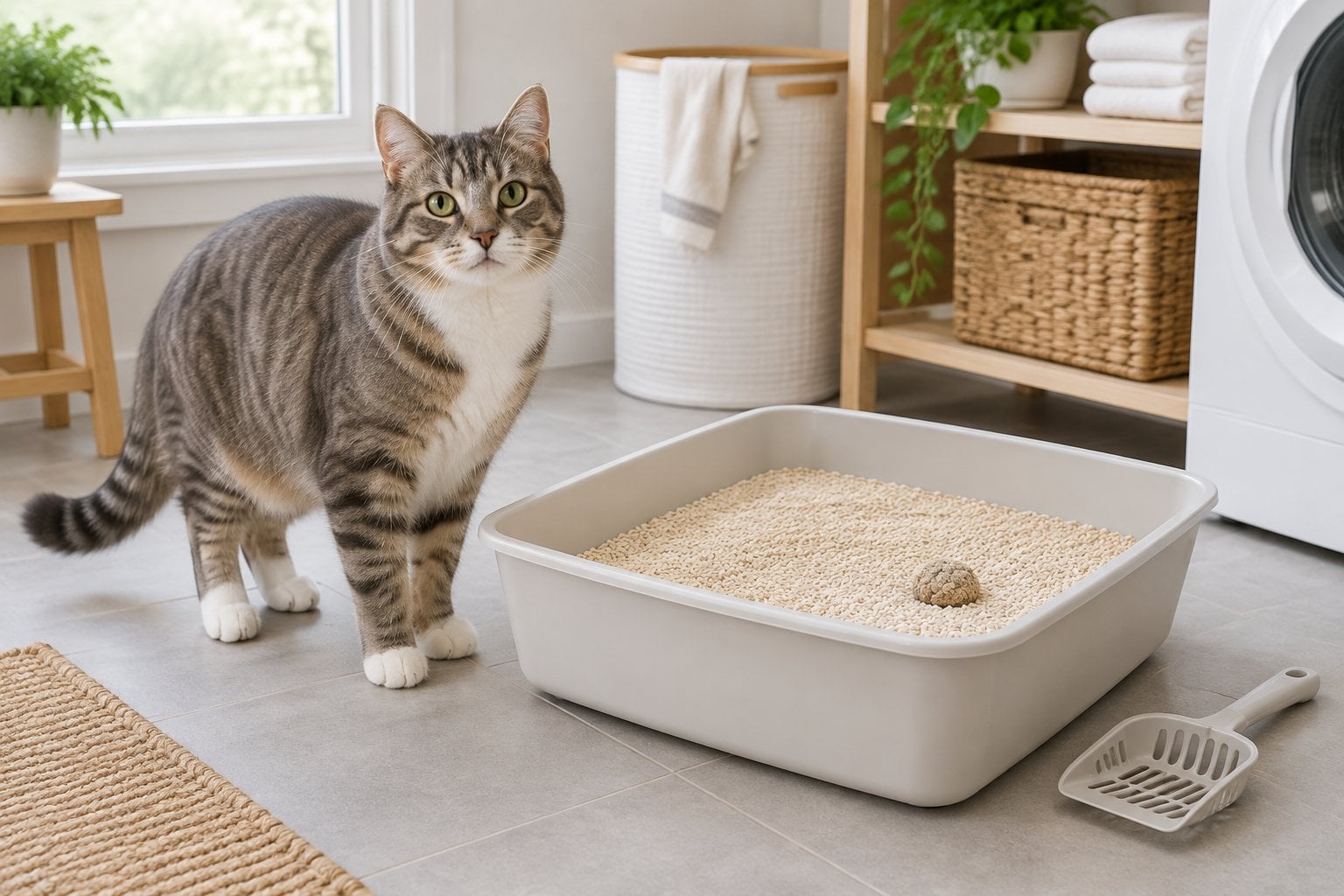 A cat stands beside a litter tray filled with pale wood litter.