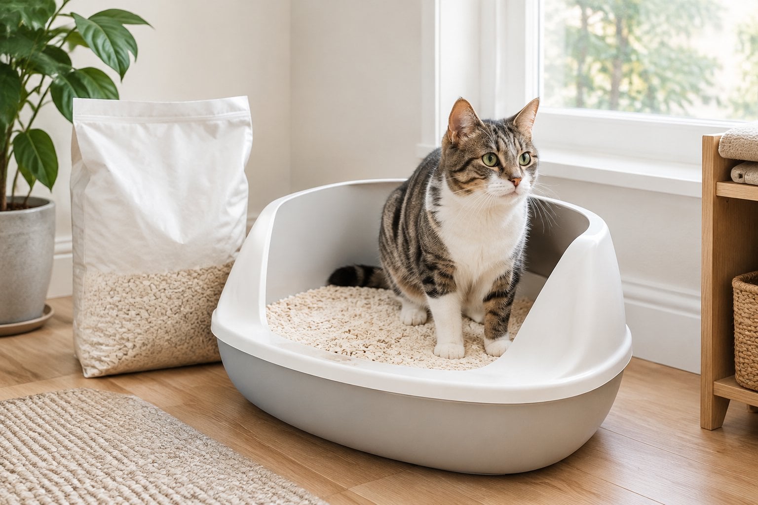 A cat uses a litter box filled with pale wood-fiber litter.