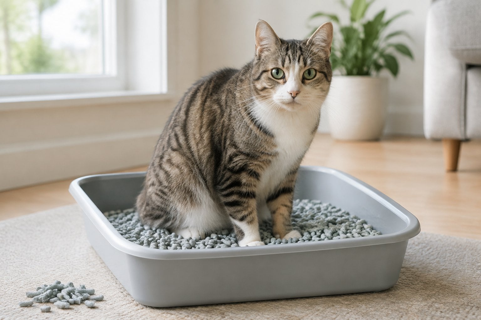 A cat stands in a litter tray filled with recycled paper pellets.