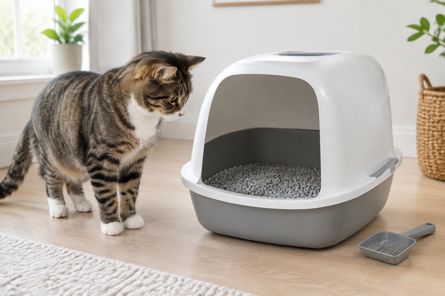 A tabby cat stands beside a litter box filled with gray paper pellets.